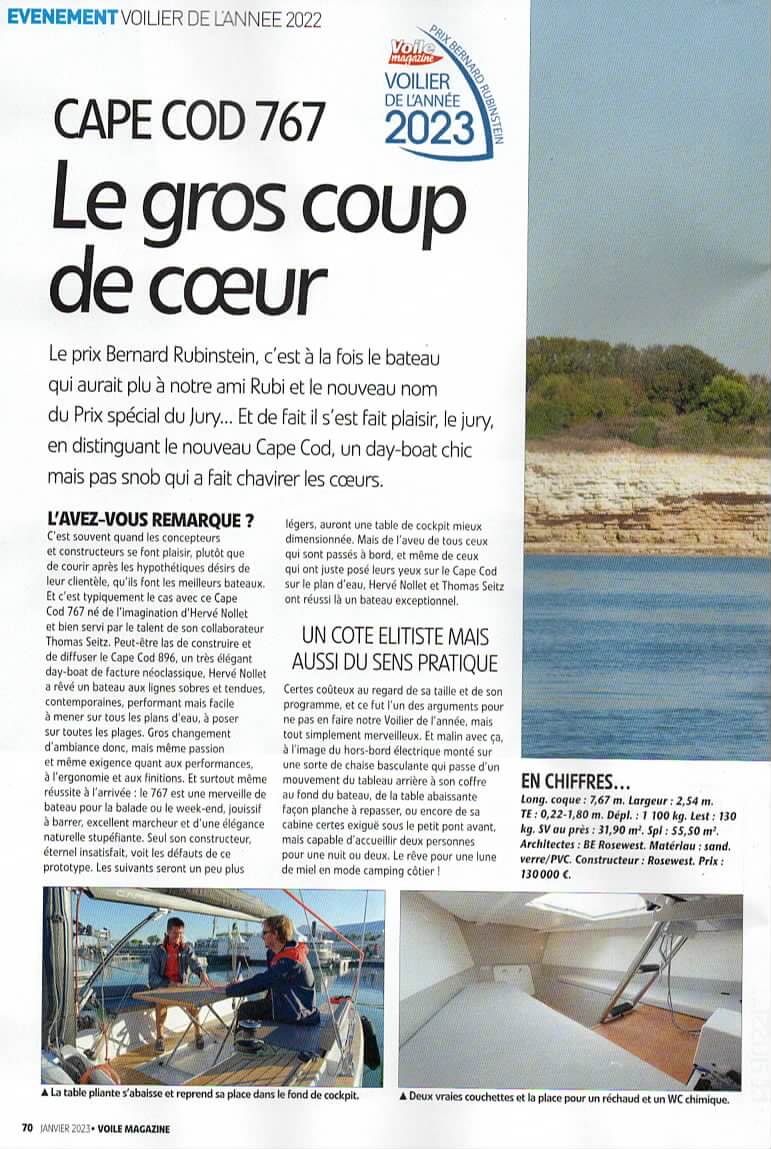 Page du magazine Voile Magazine, voilier de l'année 2023. Cape Cod 767, le gros coup de coeur.