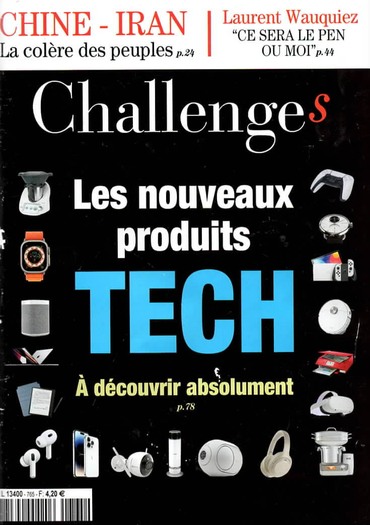 Couverture du magazine Challenges 2023. Les nouveaux produits tech à découvrir absolument. Article sur le Cape Cod 767