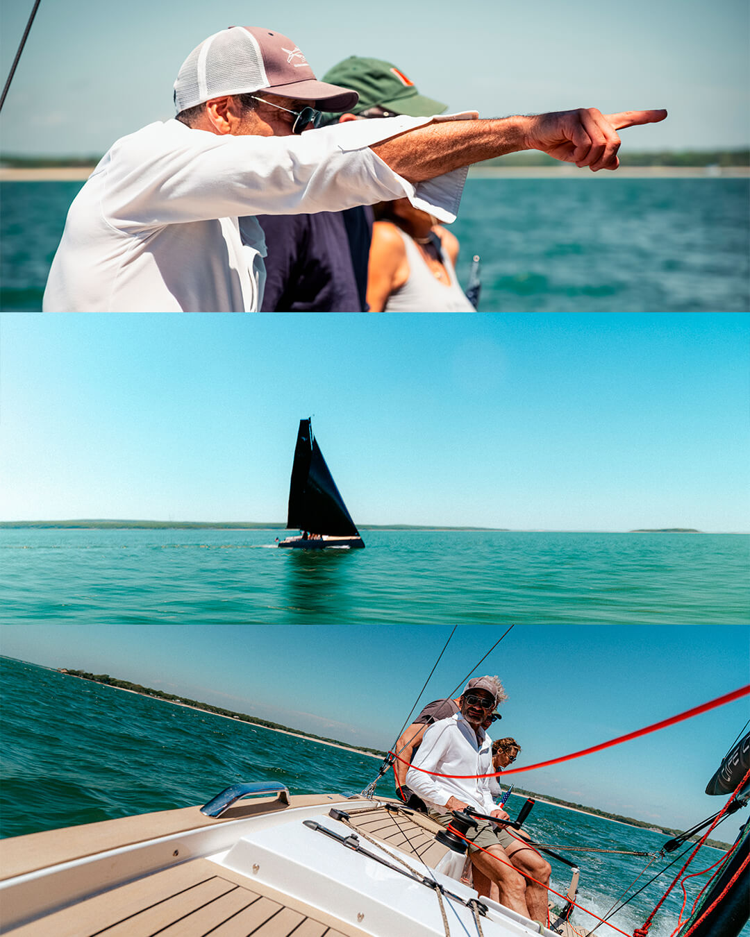 Triptique de 3 images d'un client sur son CAPE COD 767 Lounge pour illustrer le coup de foudre pour le voilier dayboat