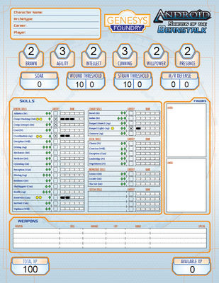 The Genesys Character sheet for the Android setting, Shadow of the Beanstalk, form fillable with dice pool calculations. Most graphics are vector, meaning it maintains image quality at high resolutions, keeping the quality high and the file size small.…