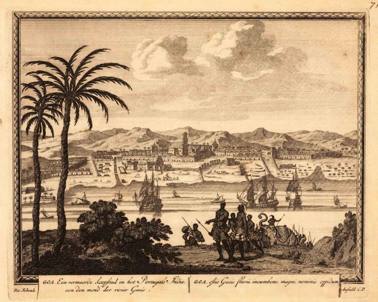 Antique Copper Engraving of Goa by Petrus Schenk ca.1700 - Goa Een vermaerde Koopstad in het Portugals Indie aen den mond der rivier Gacis.