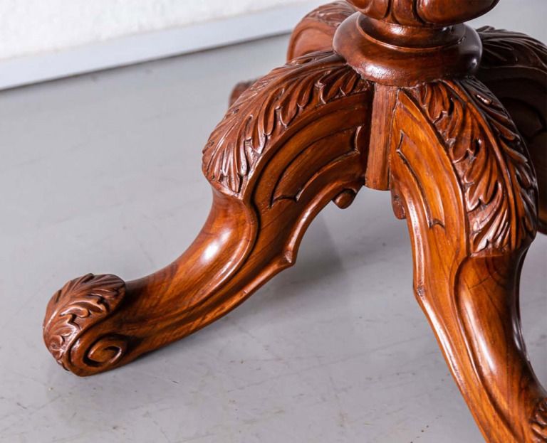 Acanthus Leaf Carving on Cabriole Leg of British Colonial Teakwood Table
