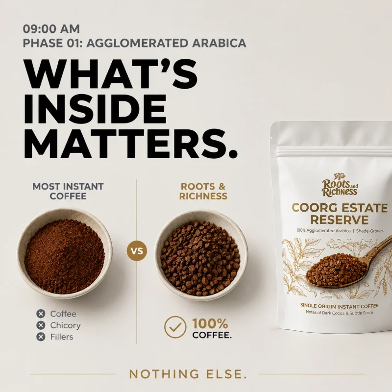 AM Protocol — 100g chicory-free Coorg Arabica instant coffee, front view