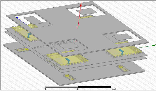 Perspective view of the multilayer antenna array showing patches, L-shaped probes, cavities, and metal vias
