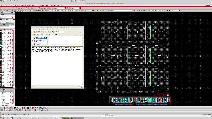 Calibre DRC verification window alongside the completed op-amp core layout