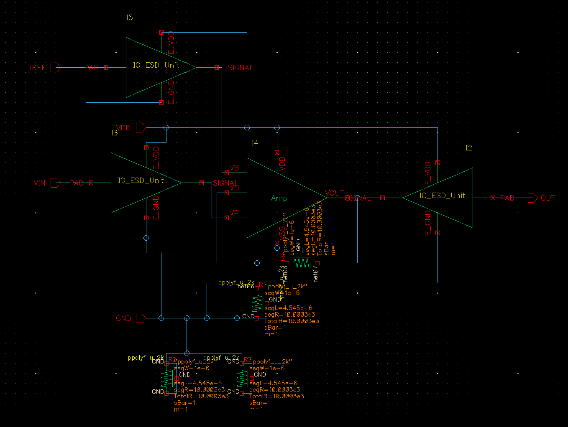 Non-inverting gain-of-two amplifier schematic with ESD interfaces and feedback resistors
