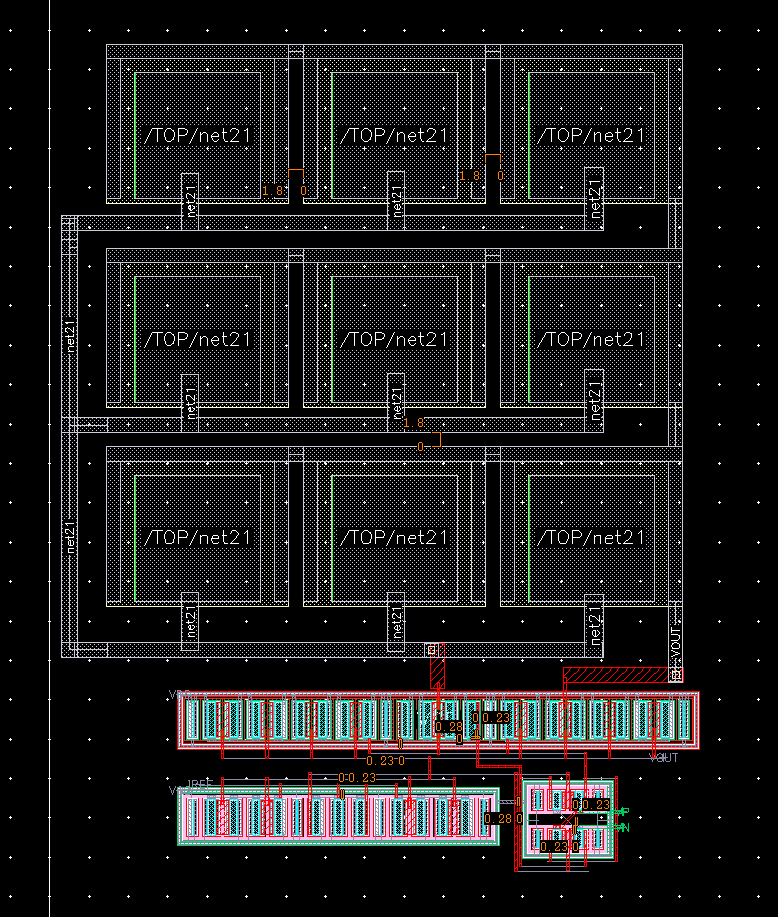 Physical layout of the op-amp core with MIM capacitor and matched transistor arrays