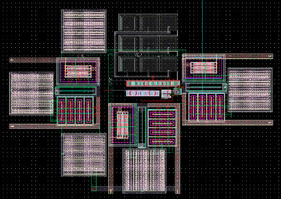 Top-level analog IC layout integrating the amplifier, resistor array, pads, ESD cells, and power routing