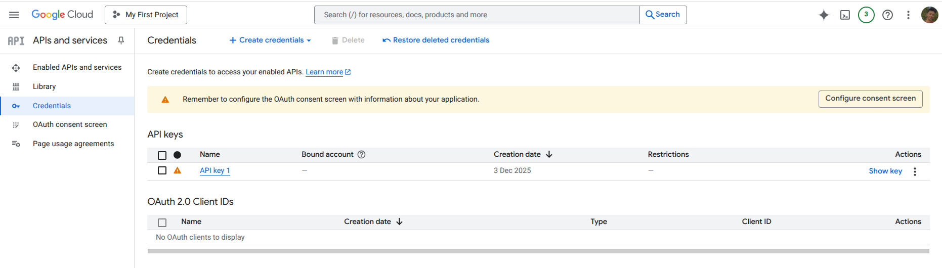 Credentials List showing API Key