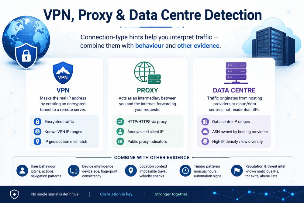 VPN and network security — IP lookup detects anonymisation infrastructure