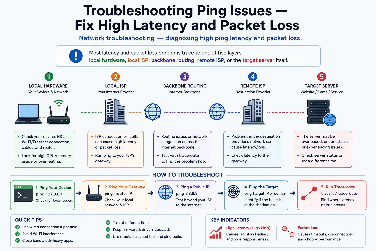 Network troubleshooting — diagnosing high ping latency and packet loss