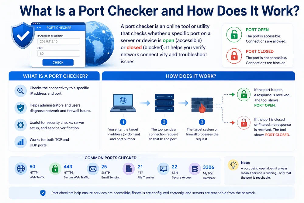 Network server infrastructure — port checker tests TCP connectivity to servers and services