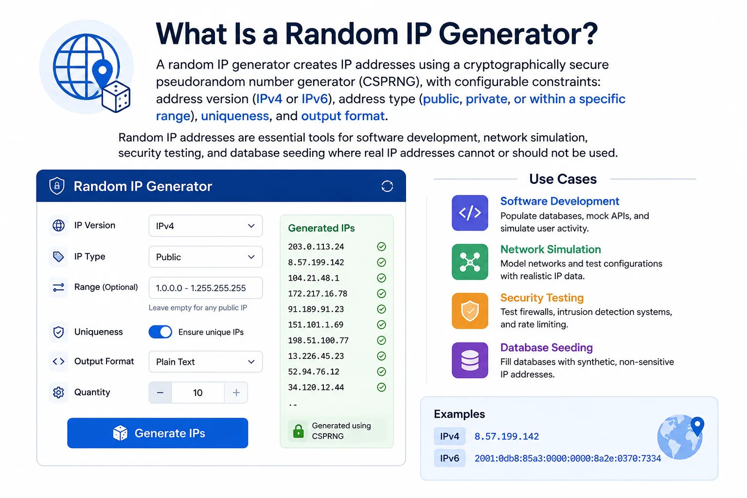Random IP generator for software testing and network simulation — generate thousands of test IP addresses