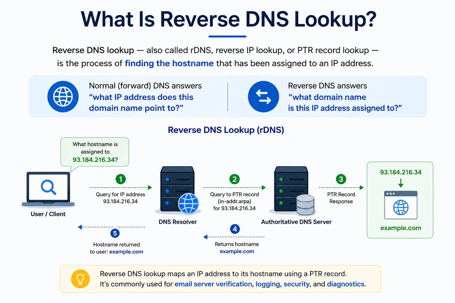 Server network infrastructure — reverse DNS lookup maps IP addresses back to hostnames using PTR records