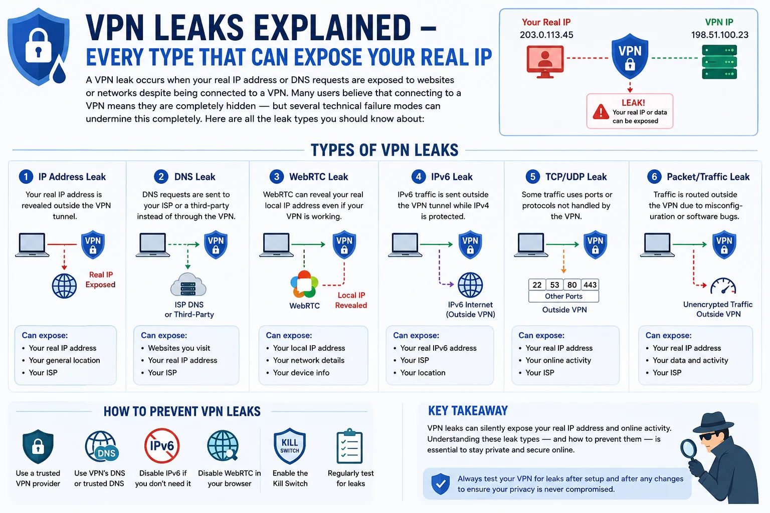 VPN leak types — understanding how real IP addresses are exposed through DNS, WebRTC and IPv6 leaks