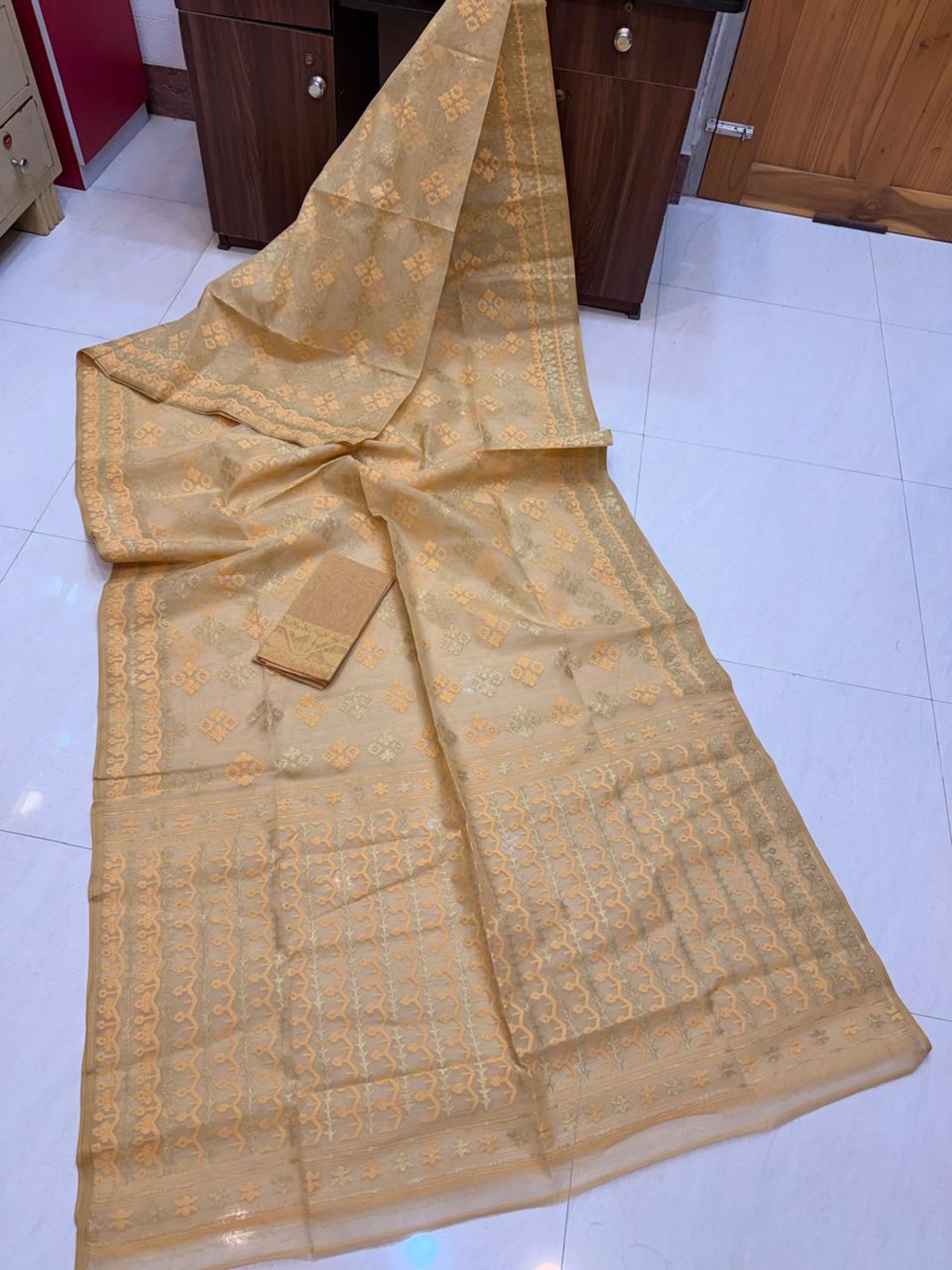 Golden Beige Half Silk Dhakai Jamdani Saree with Woven Motifs | With Blouse Piece