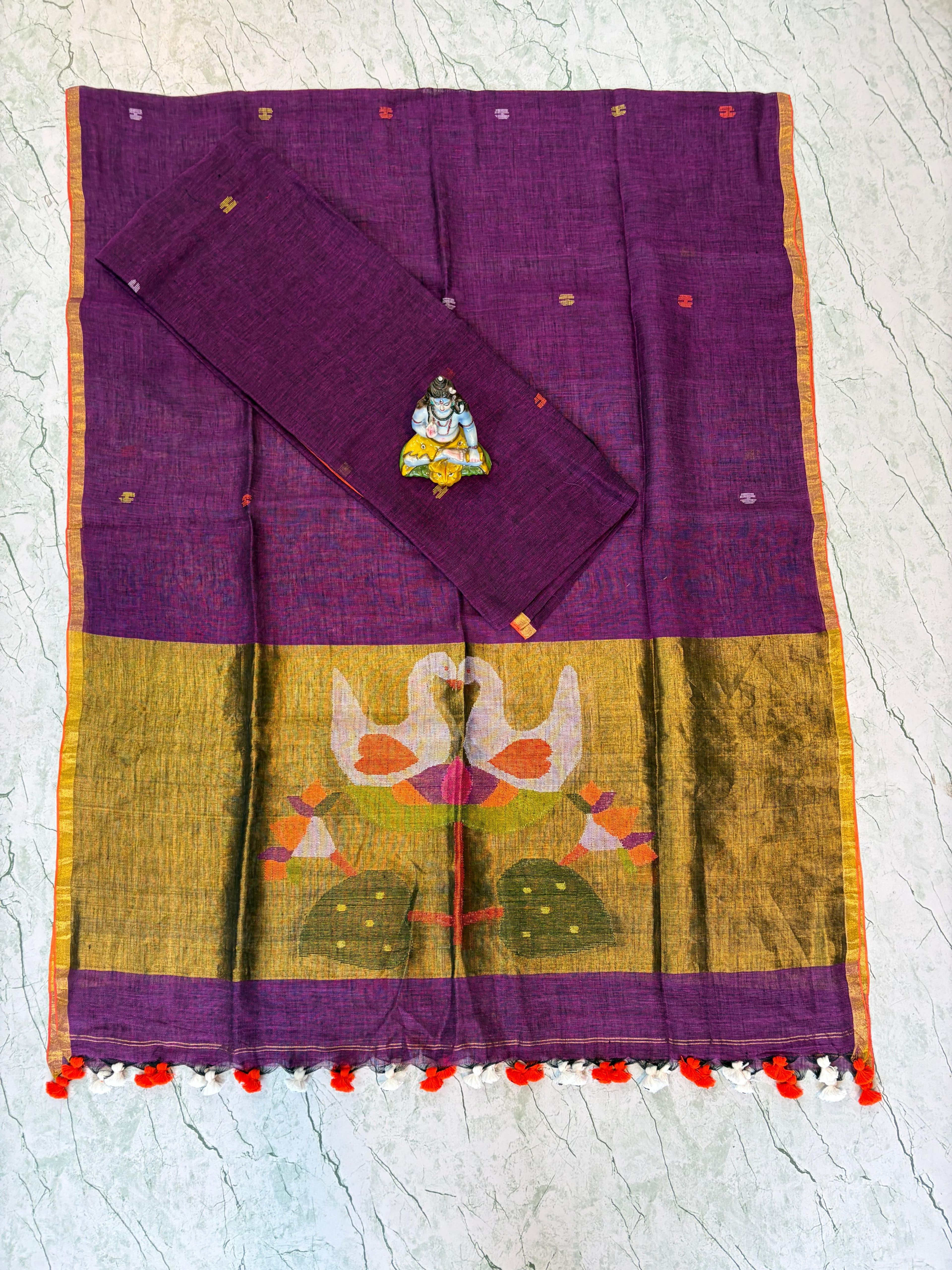 Linen Paithani Suit Piece – Purple with Swan Motif Pallu, Multi Color