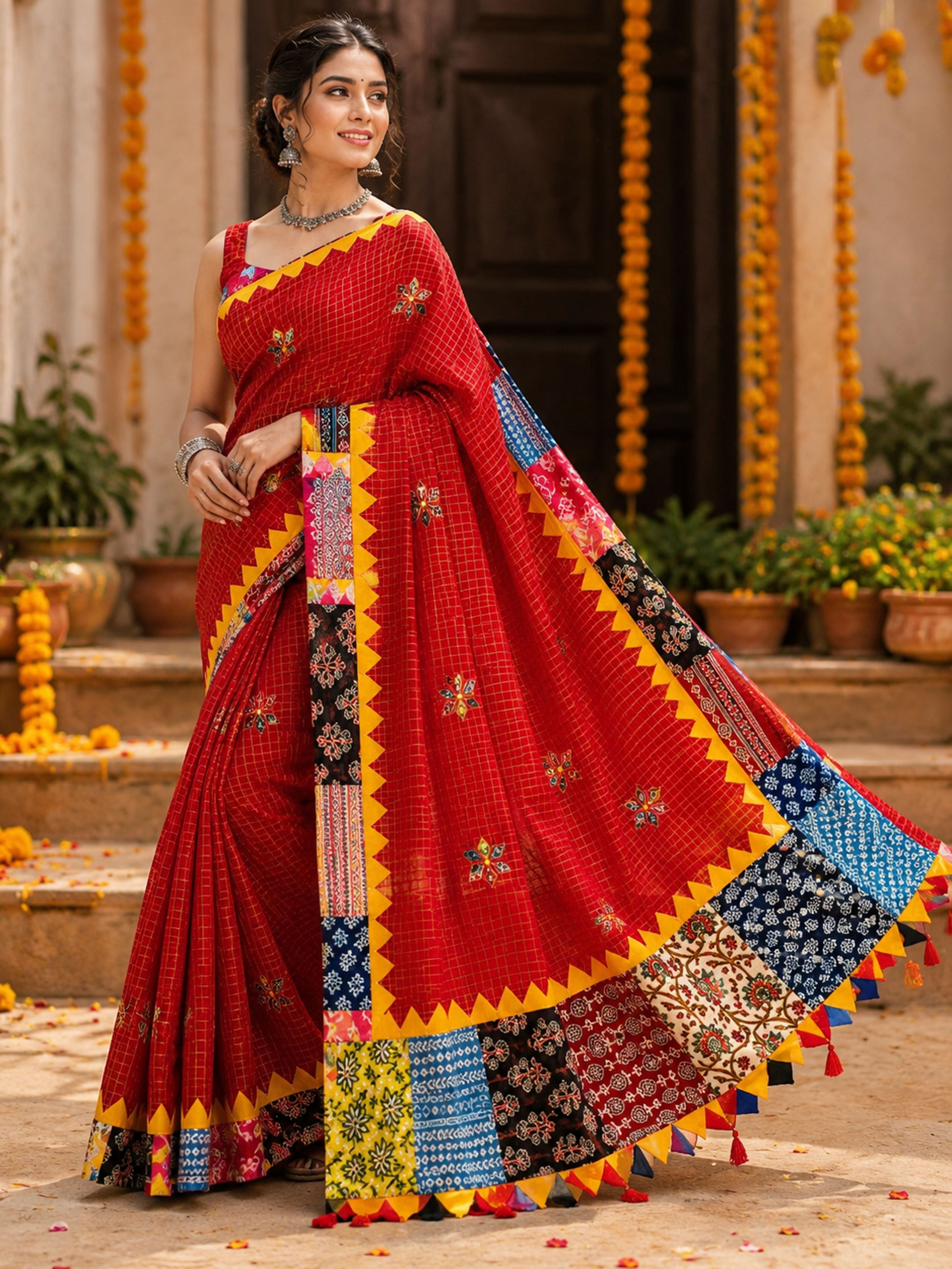 Cotton Check Kantha Patchwork Saree – Jet Black with Multicolor Ikat & Block-Print Border, Mirror-Work Embroidery