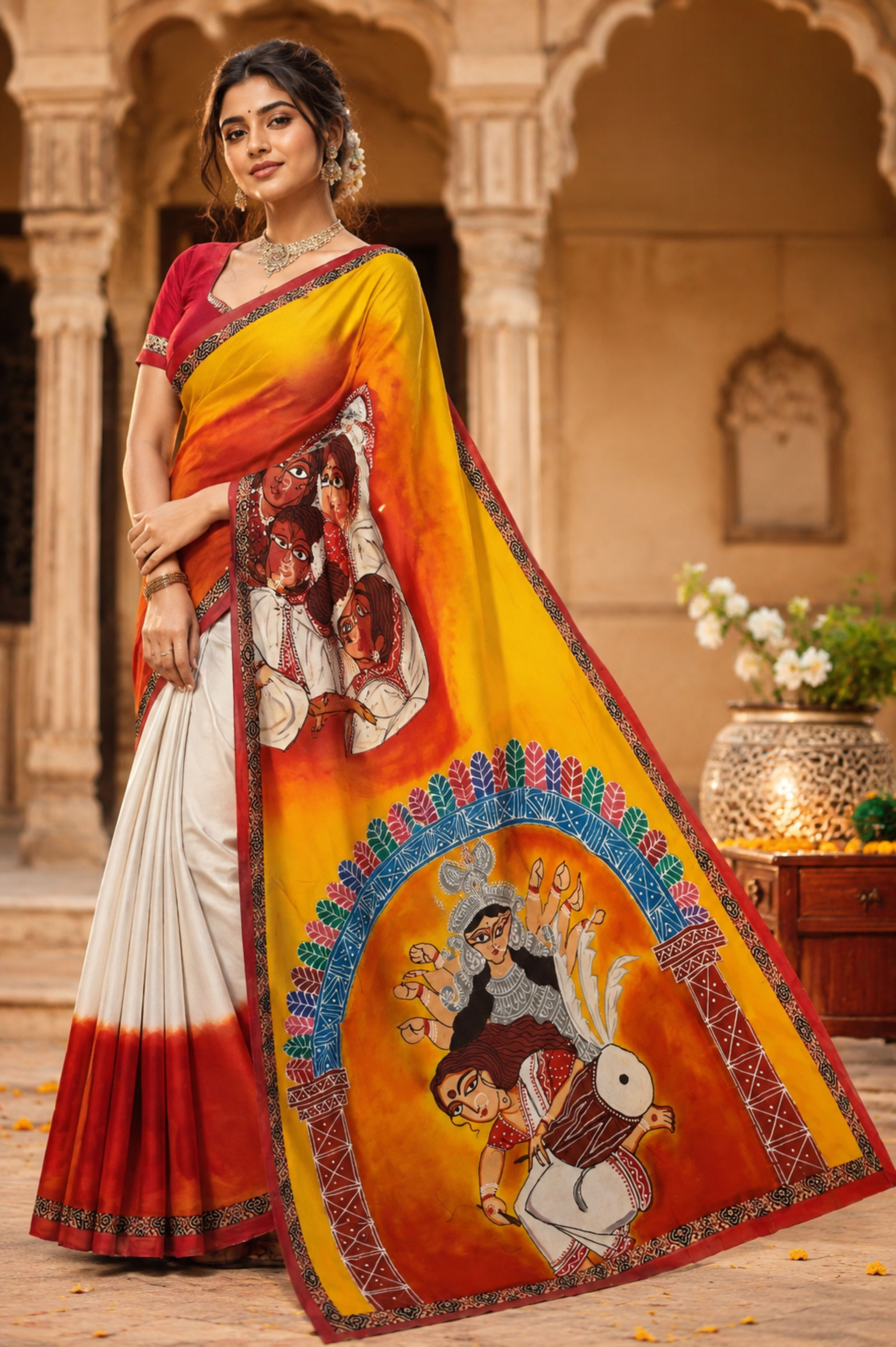 Premium Hand Painted Jamdani Saree – Yellow Orange, No Blouse Piece