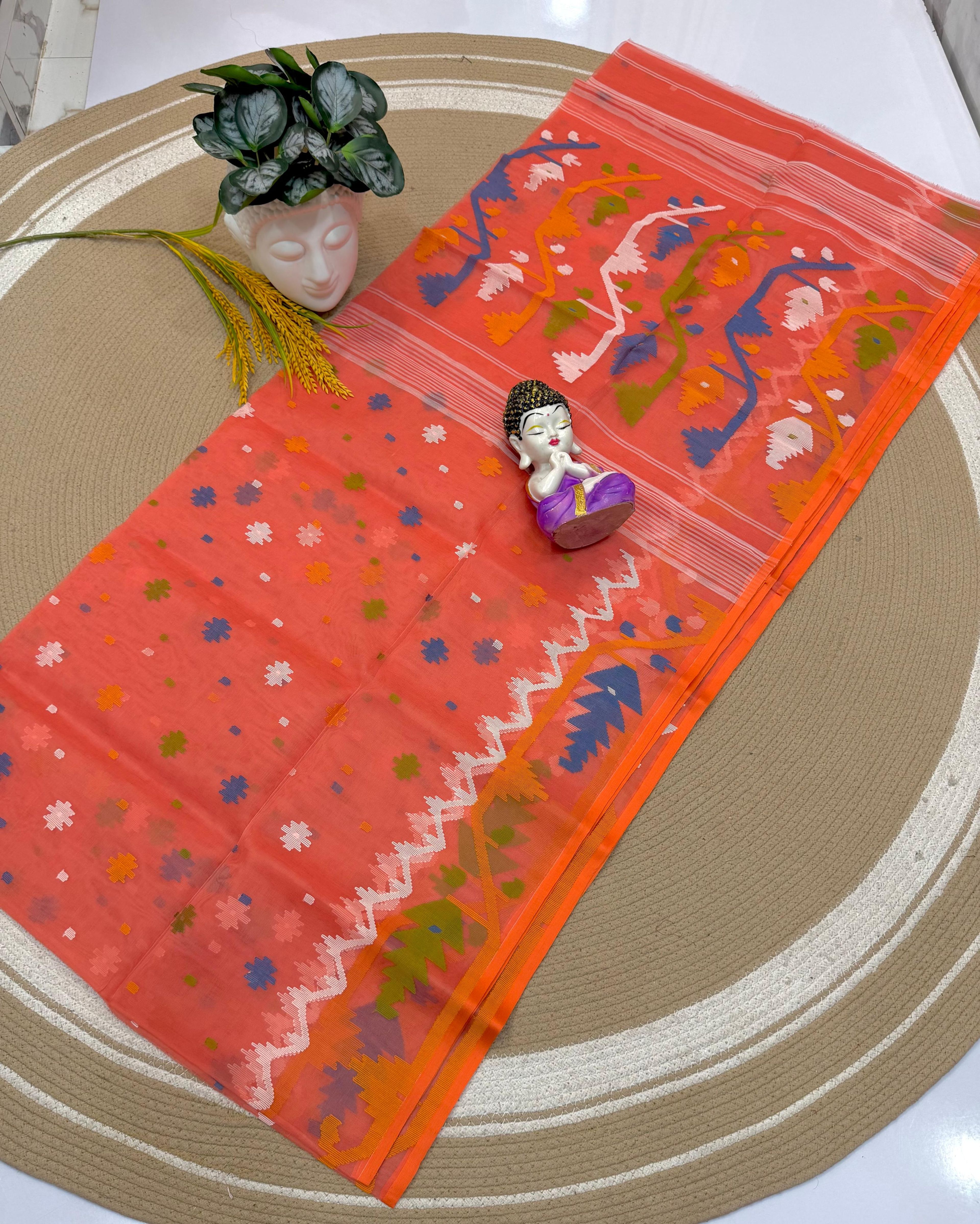 Parrot Green Needle Work Jamdani Saree with Multicolor Pallu Motifs | Premium Quality — image 10