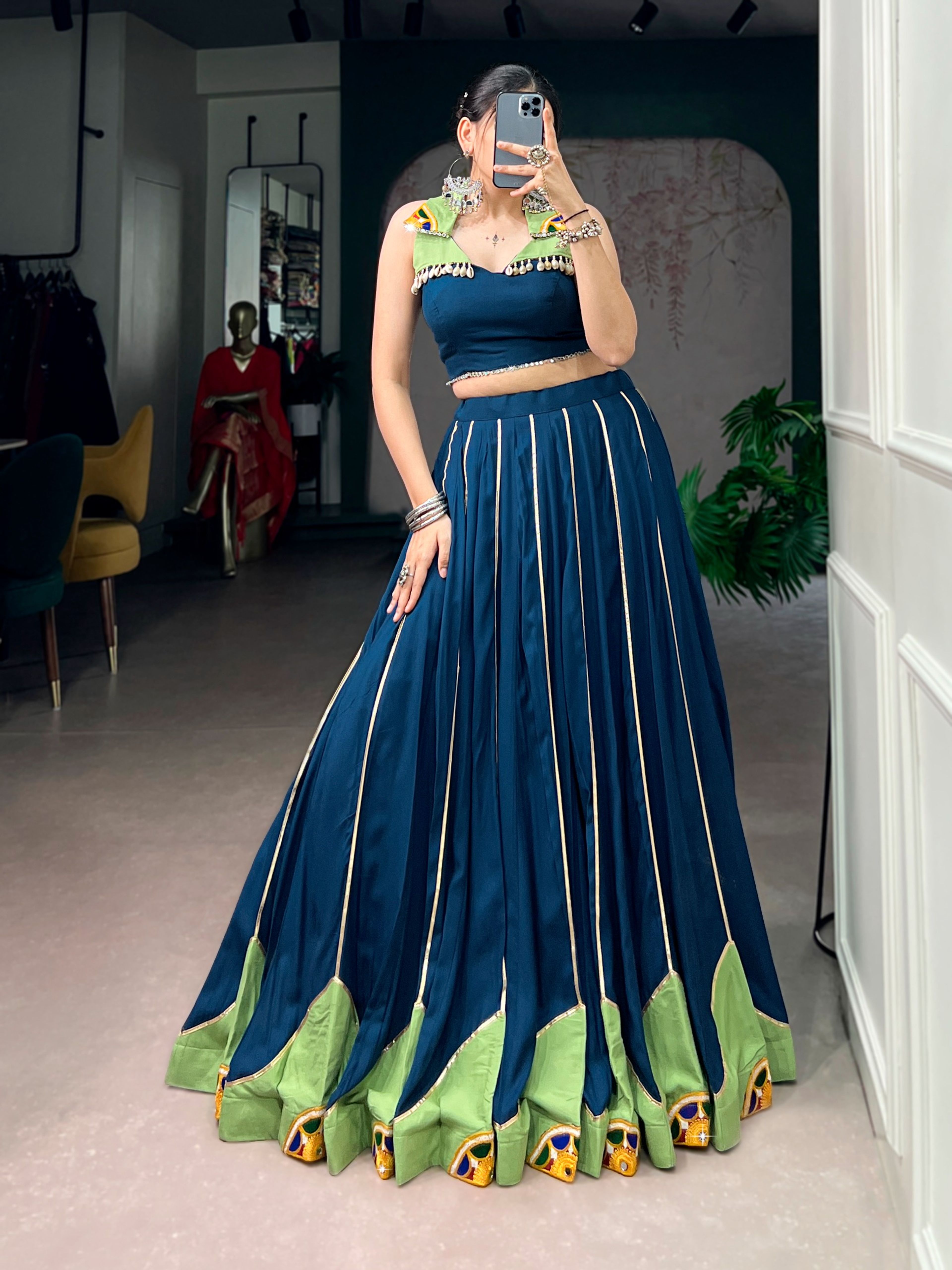 Navy Blue Chaniya Choli with Gamthi Work & Mint Green Border — image 2