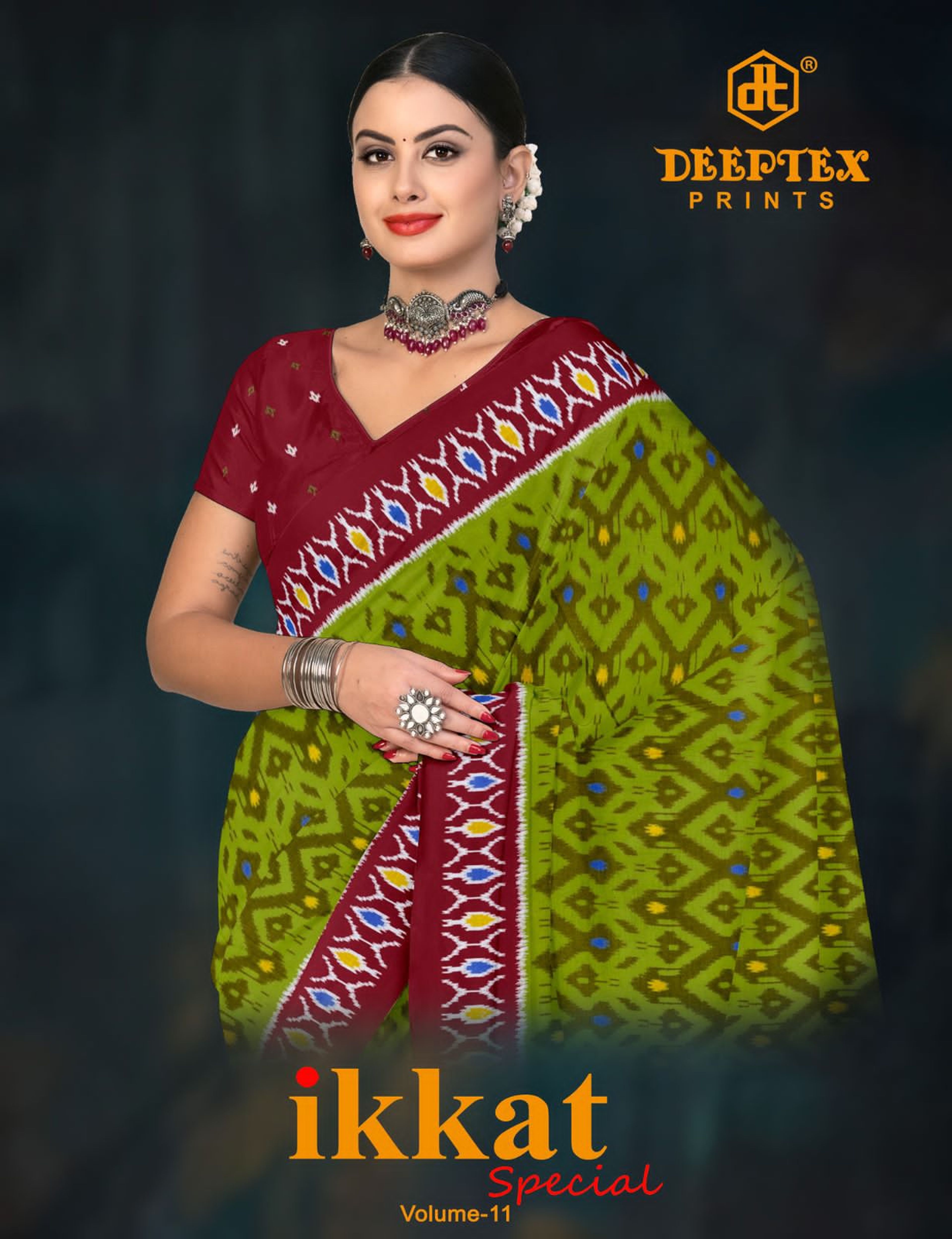 Ikat Print Cotton Saree with Blouse – Navy Mustard, Multiple Colors — image 11