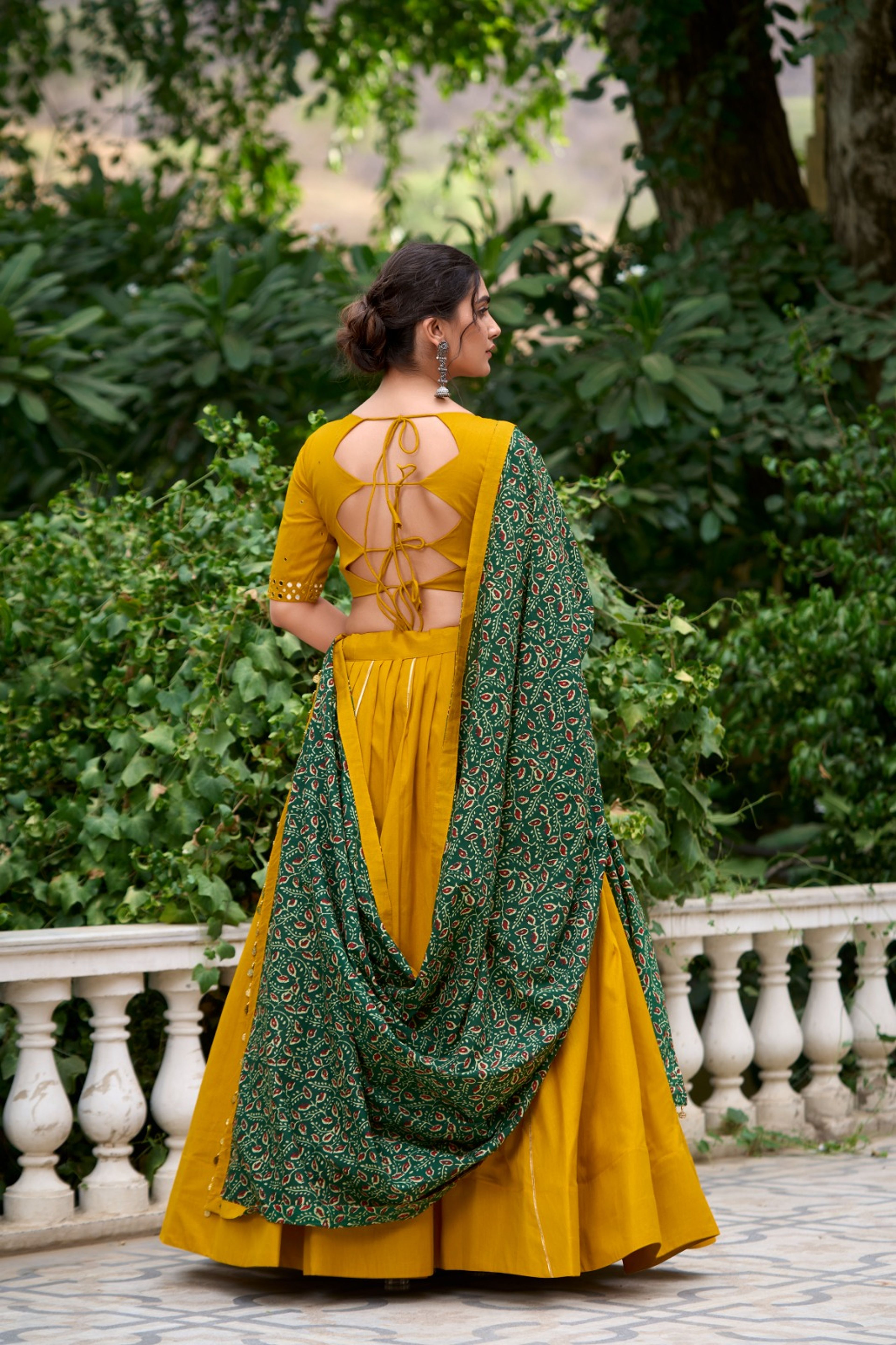 Mustard Cotton Lehenga Set with Mirror Work Blouse & Dupatta – Multi — image 7