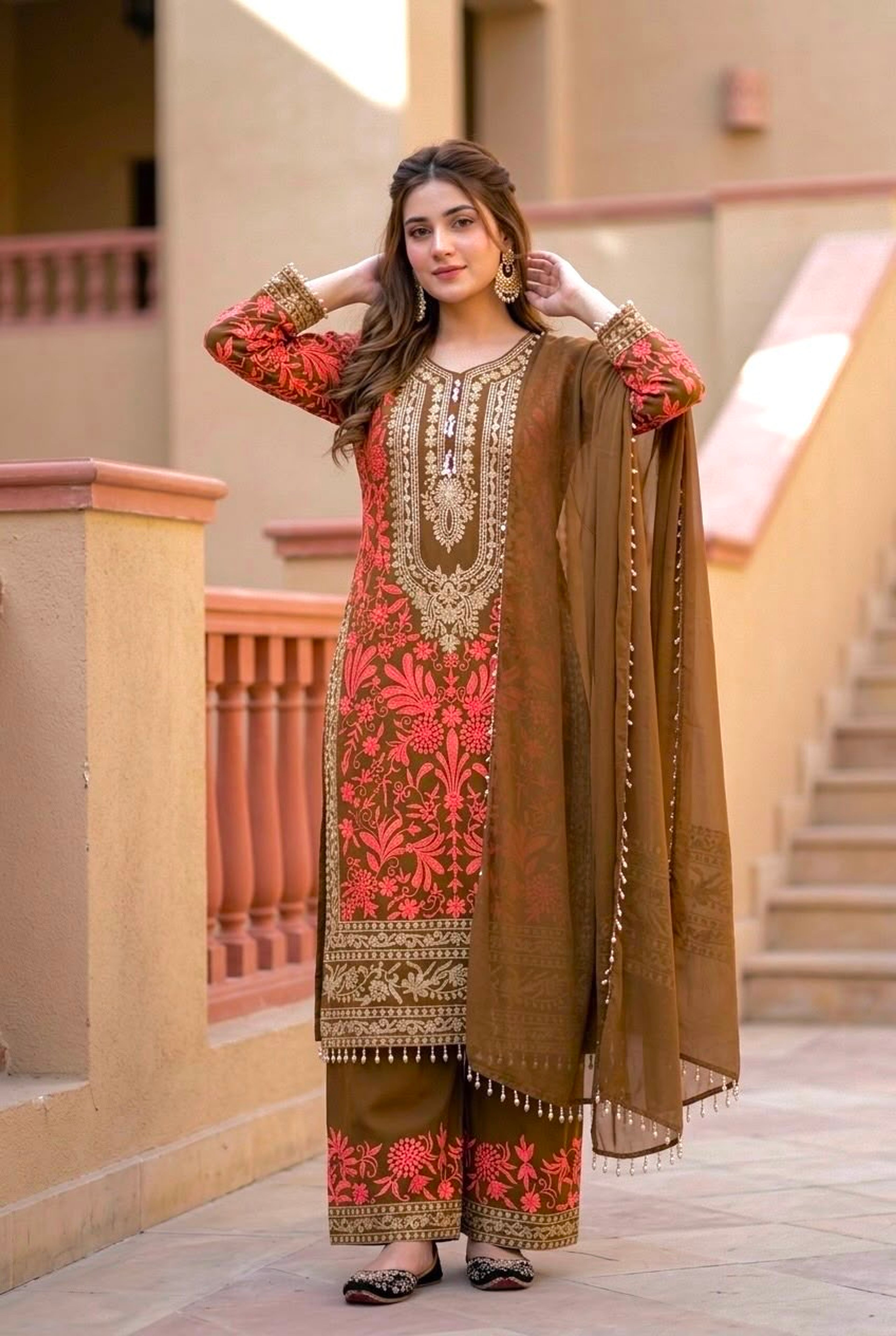 Olive Coral Embroidered Georgette Top Plazzo Set with Sequin Work & Latkan Detail — image 4