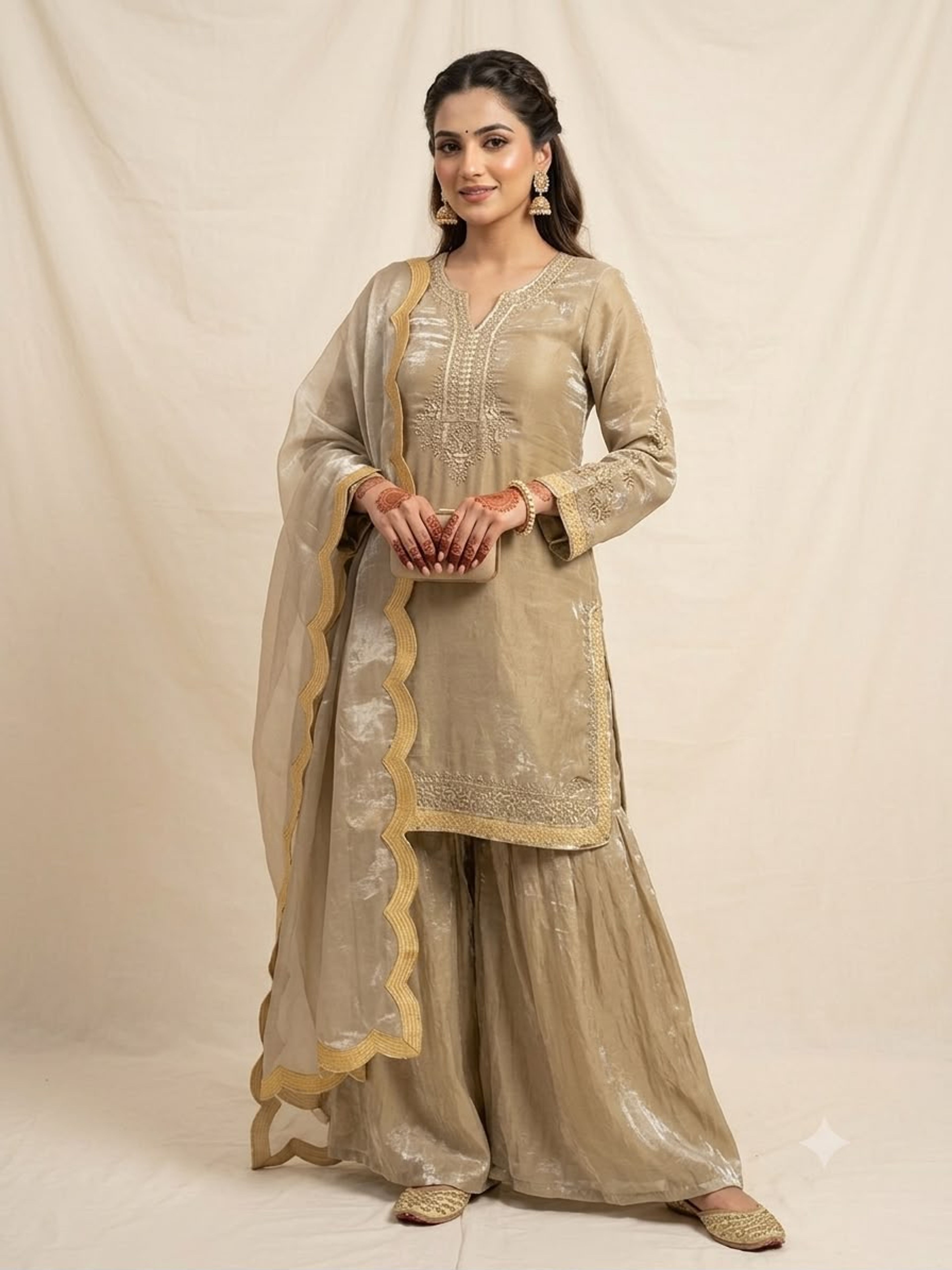 Beige Shimmer Sequins Embroidered Sharara Set with Scalloped Dupatta | Fully Stitched Wedding Wear