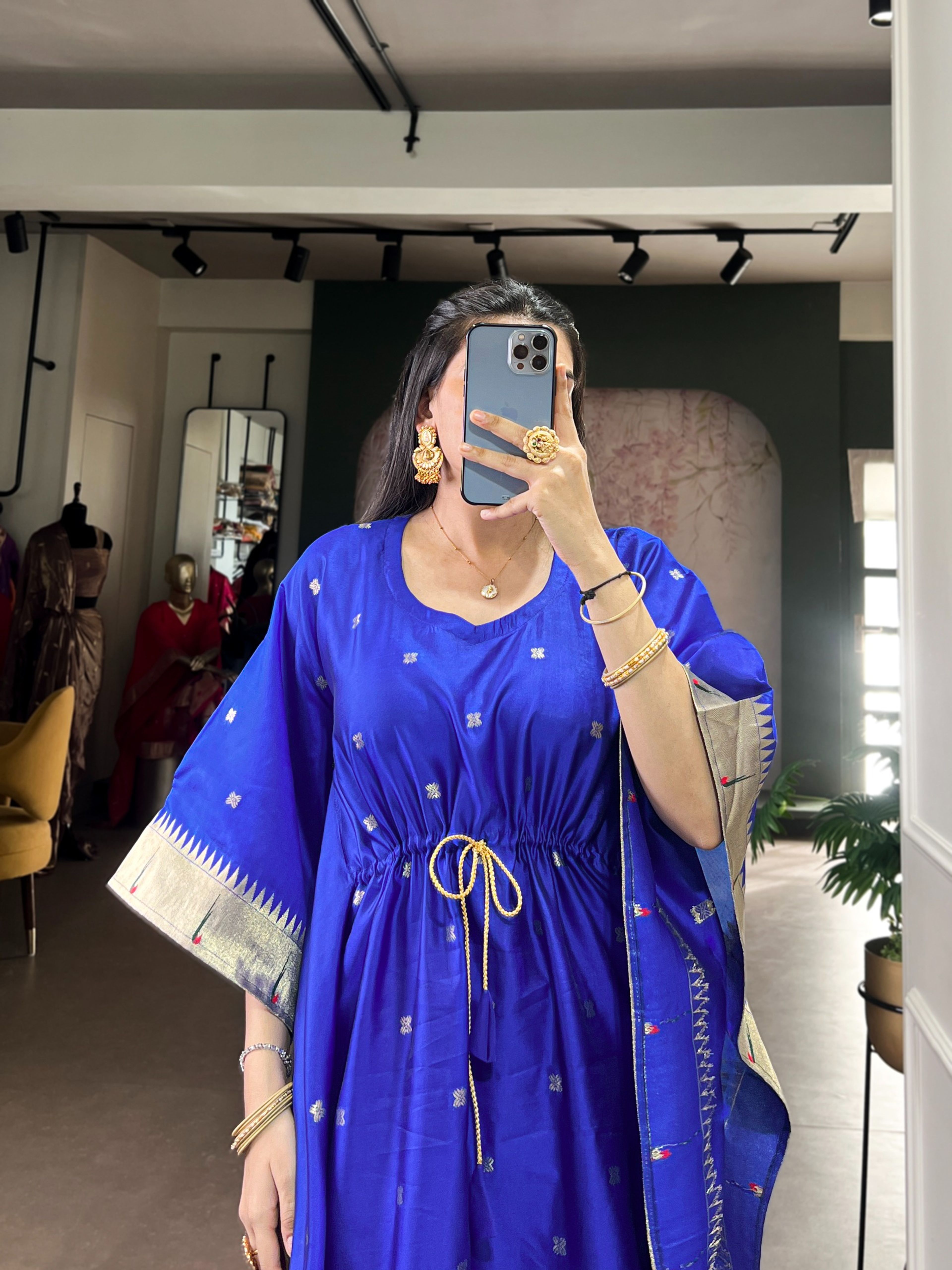 Rani Pink Paithani Jacquard Kaftan with Zari Weave & Peacock Border | Stitched Free Size Ethnic Kaftan — image 3