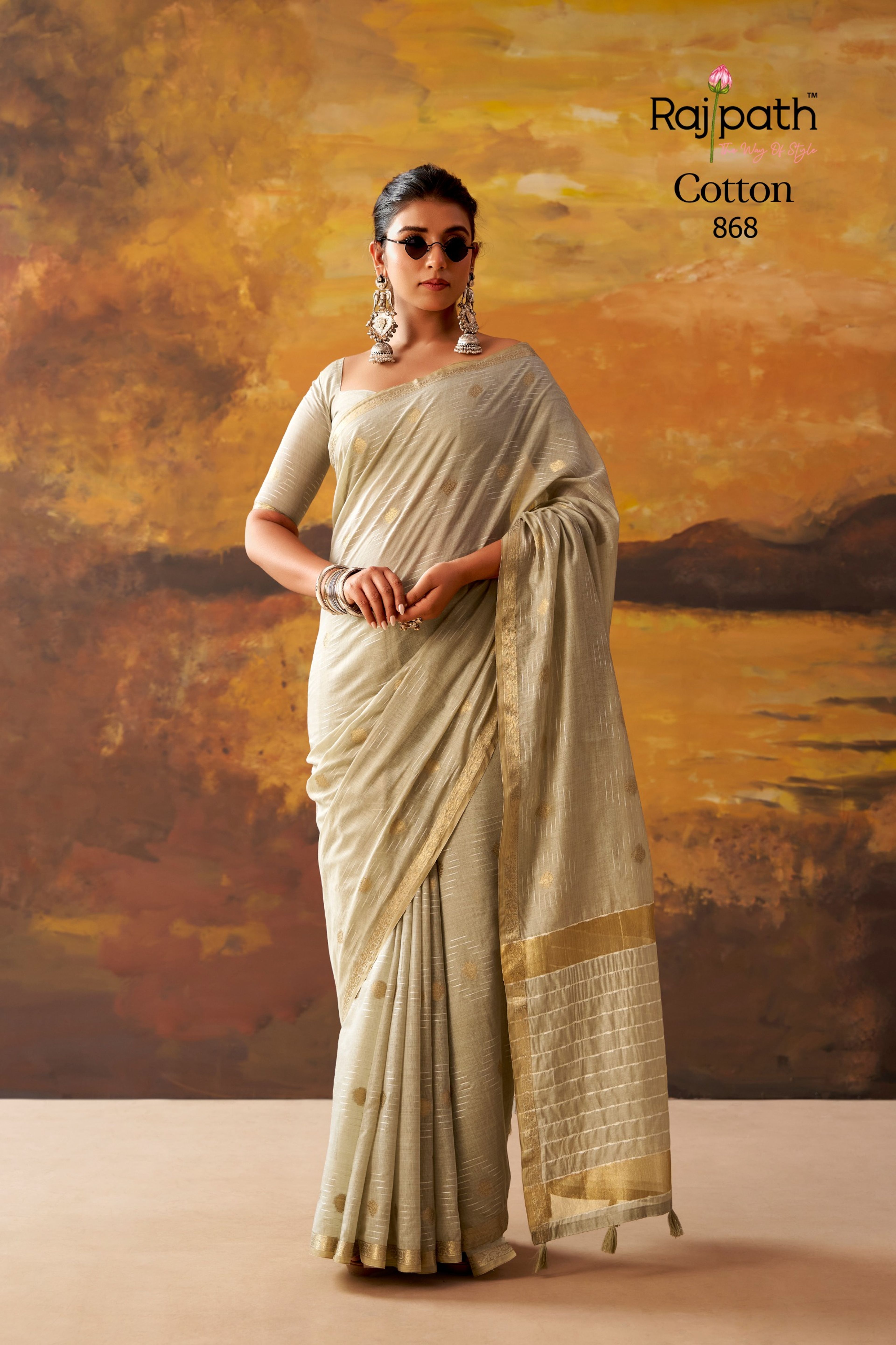 Sea Green Modal Cotton Saree with Golden Zari Booti & Striped Border | Festive Wear — image 9