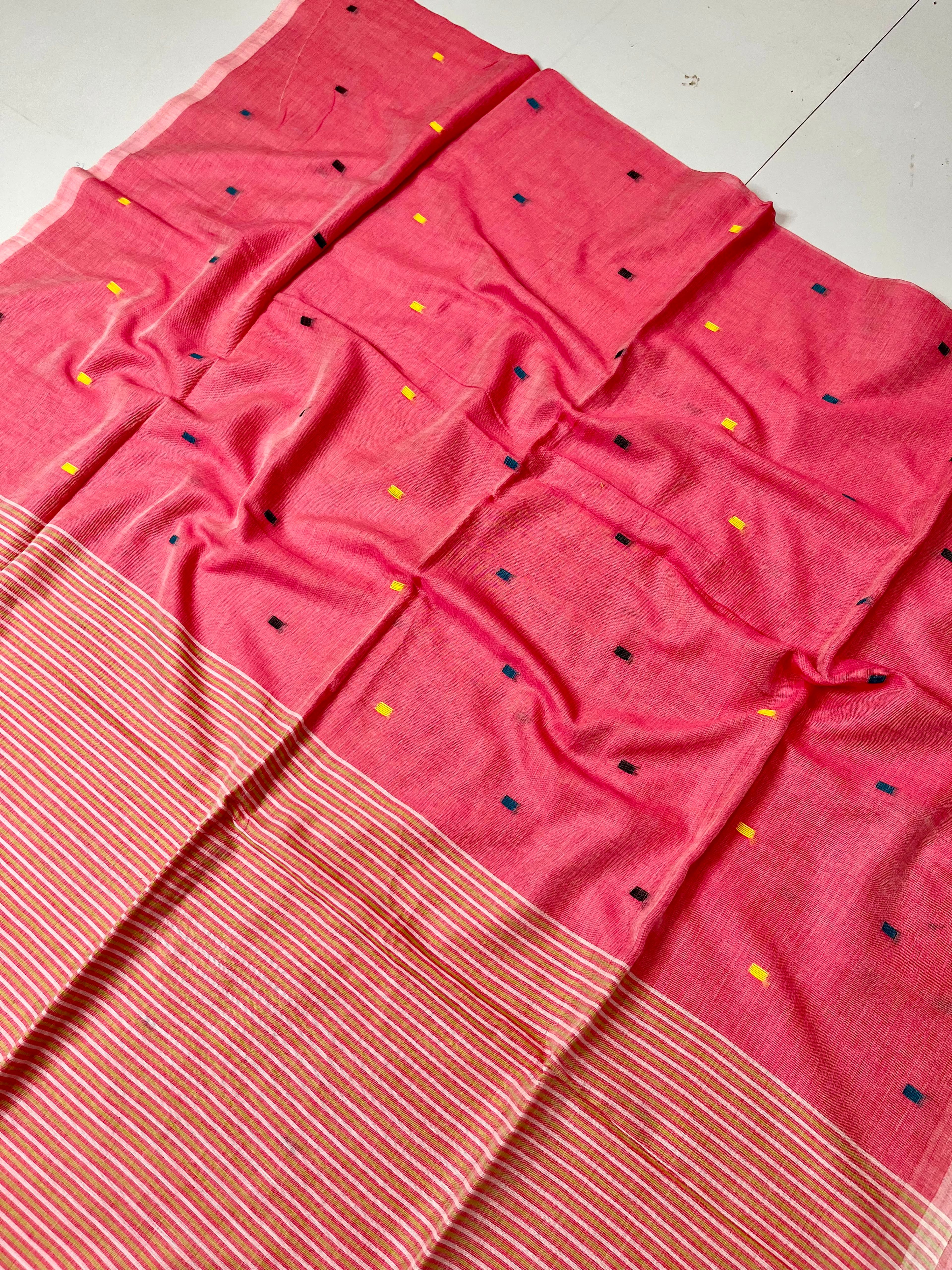 Bright Red Cotton Jamdani Saree with Multicolor Booti & Striped Border | With Blouse — image 10