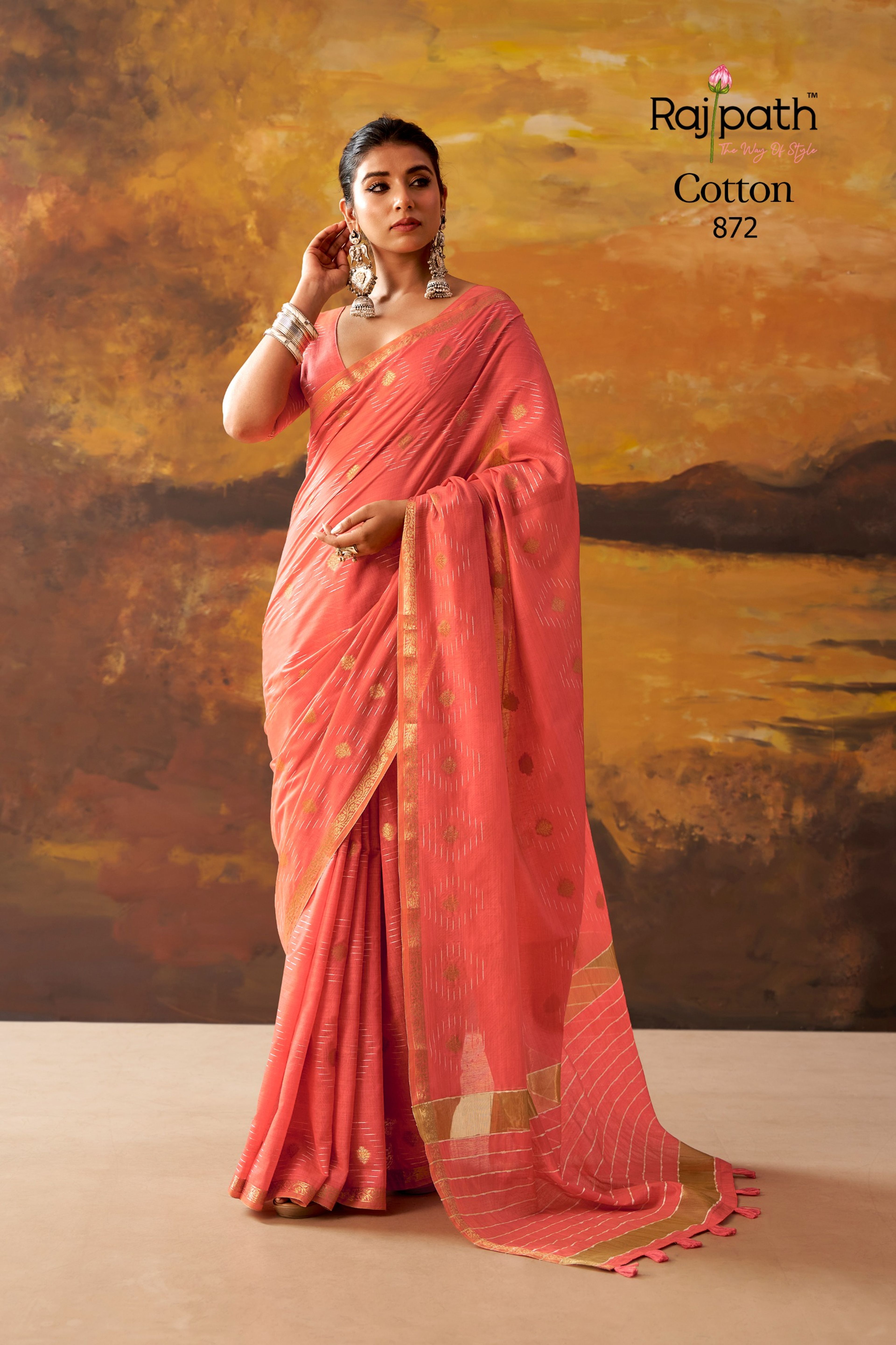 Sea Green Modal Cotton Saree with Golden Zari Booti & Striped Border | Festive Wear — image 6