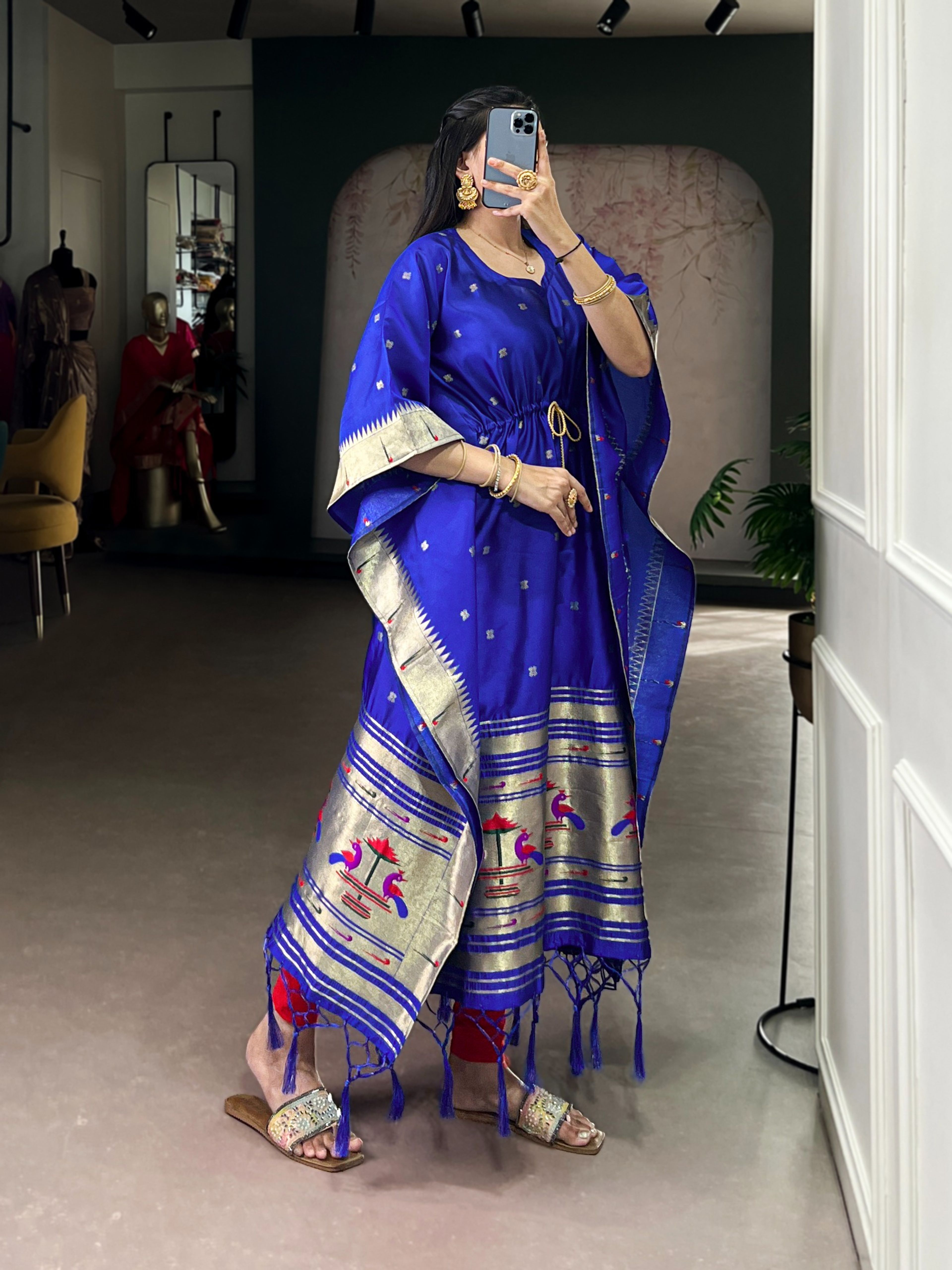 Rani Pink Paithani Jacquard Kaftan with Zari Weave & Peacock Border | Stitched Free Size Ethnic Kaftan — image 9