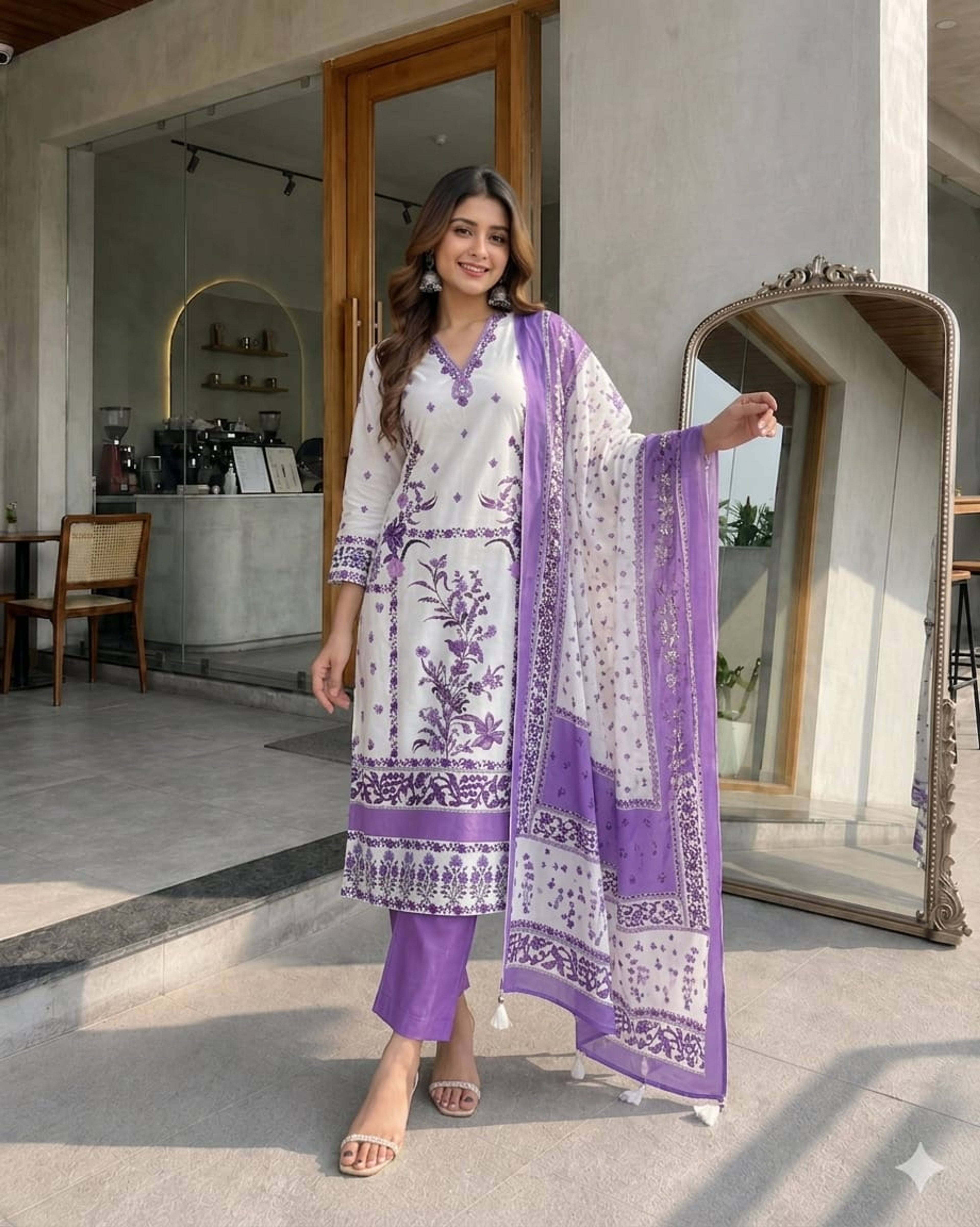 Berry Silk Floral Print Suit Set with Beaded Neck – White Lavender — image 2