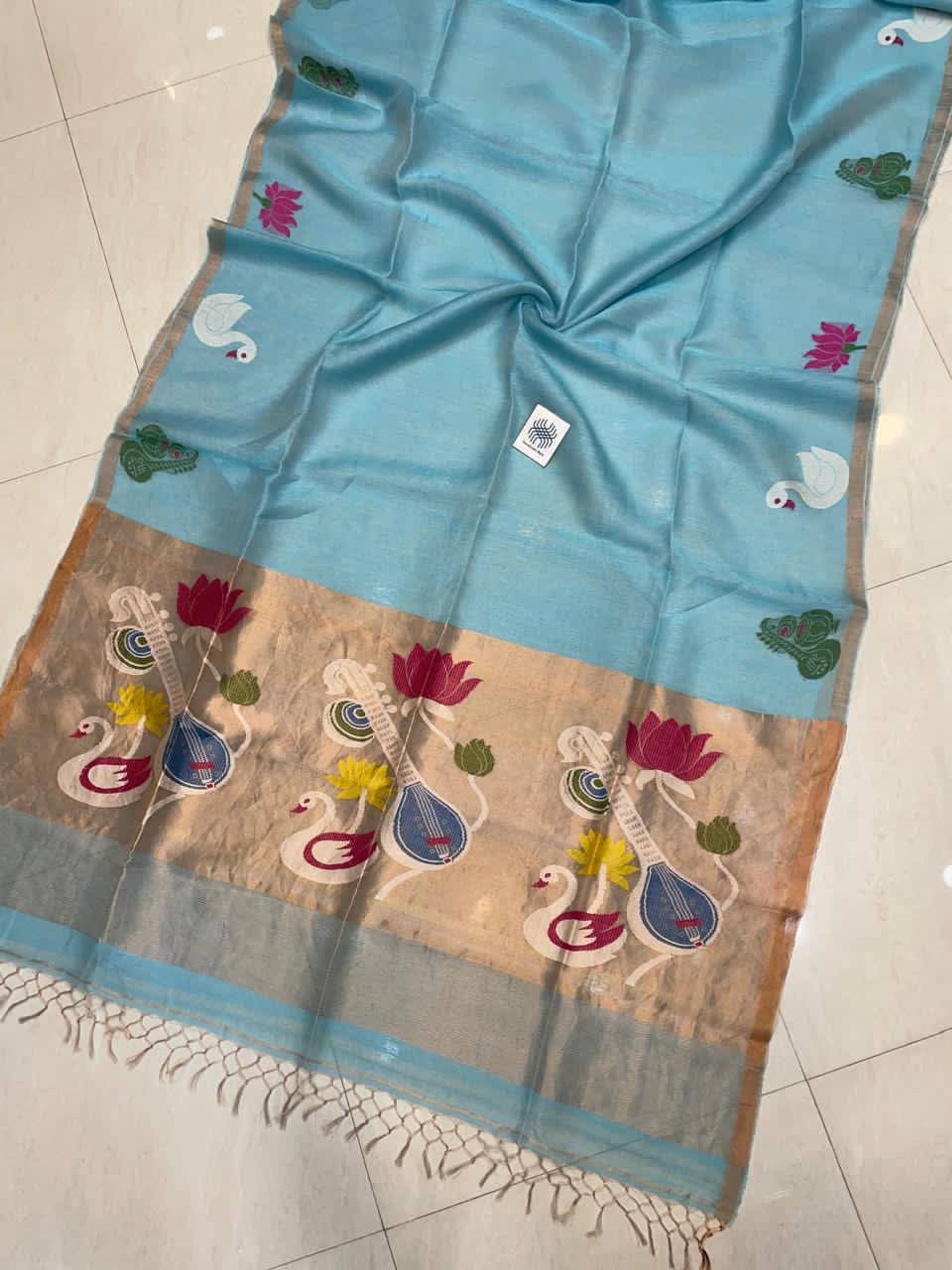 Silk Linen Jamdani Saree – Sky Blue with Swan Veena Pallu, Multi Color