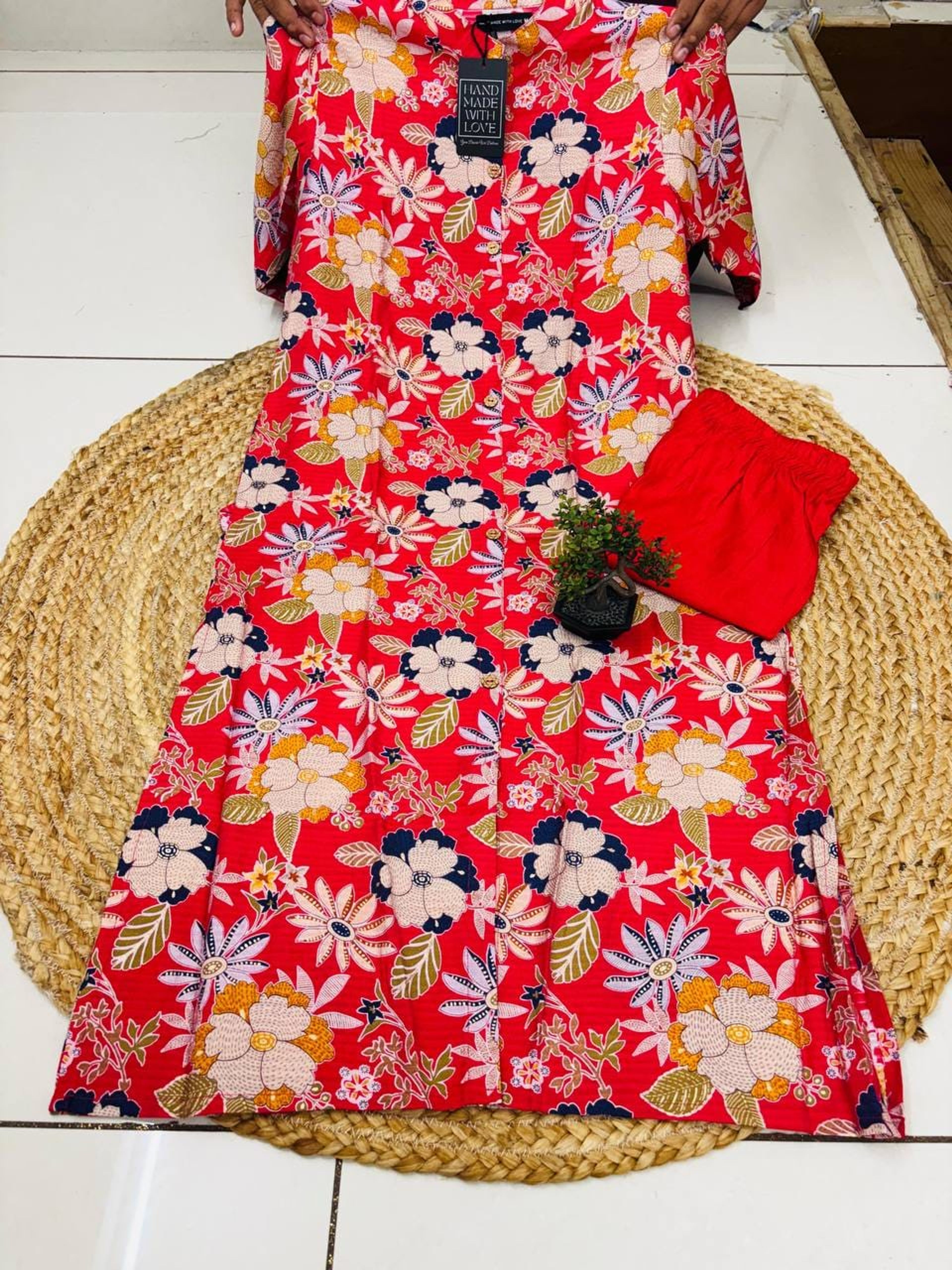 Mustard Green Floral Printed Cotton Co-ord Set | Kurta with Pockets & Pant | Breathable Textured Cotton — image 13