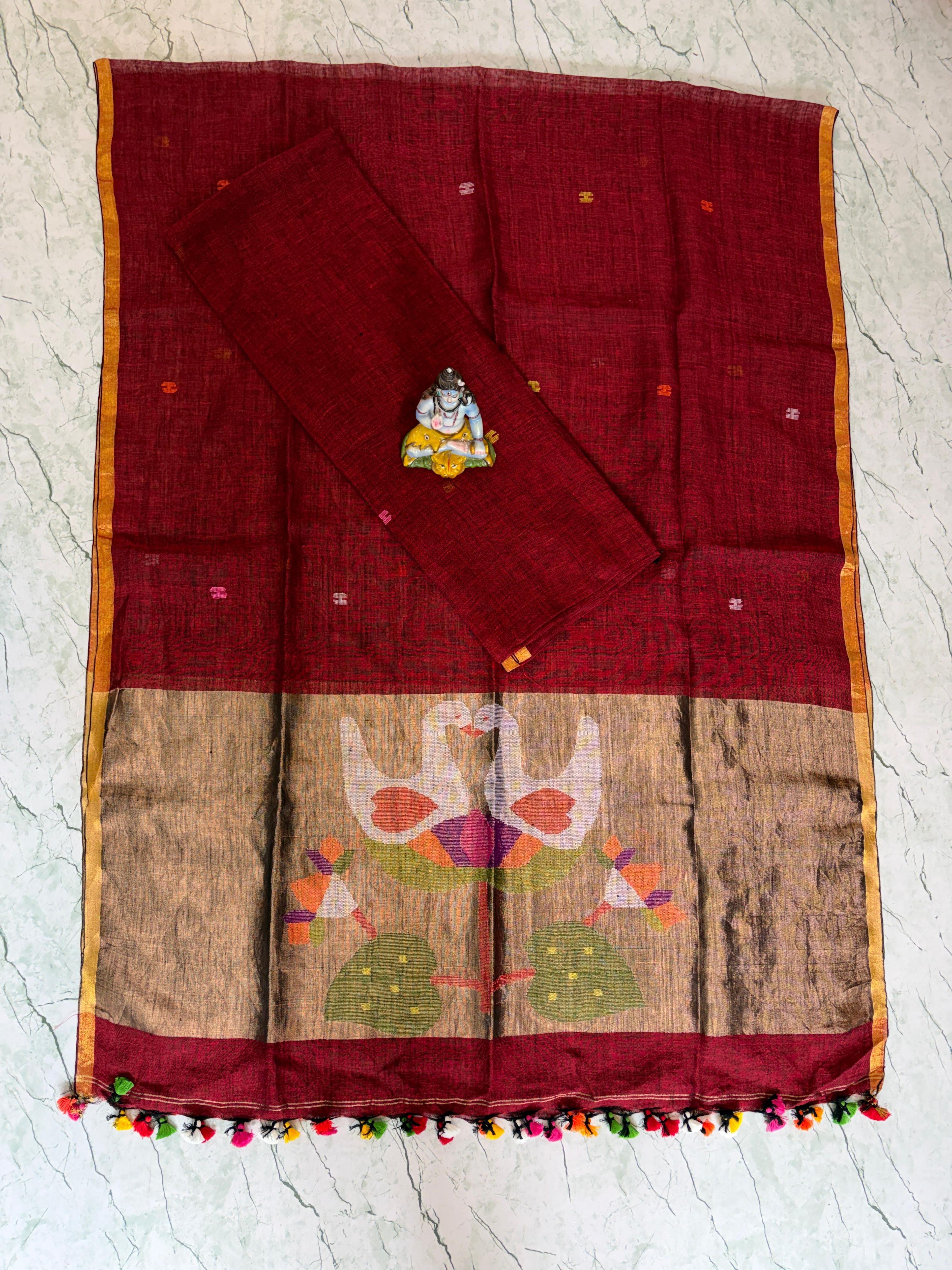 Linen Paithani Suit Piece – Purple with Swan Motif Pallu, Multi Color — image 7