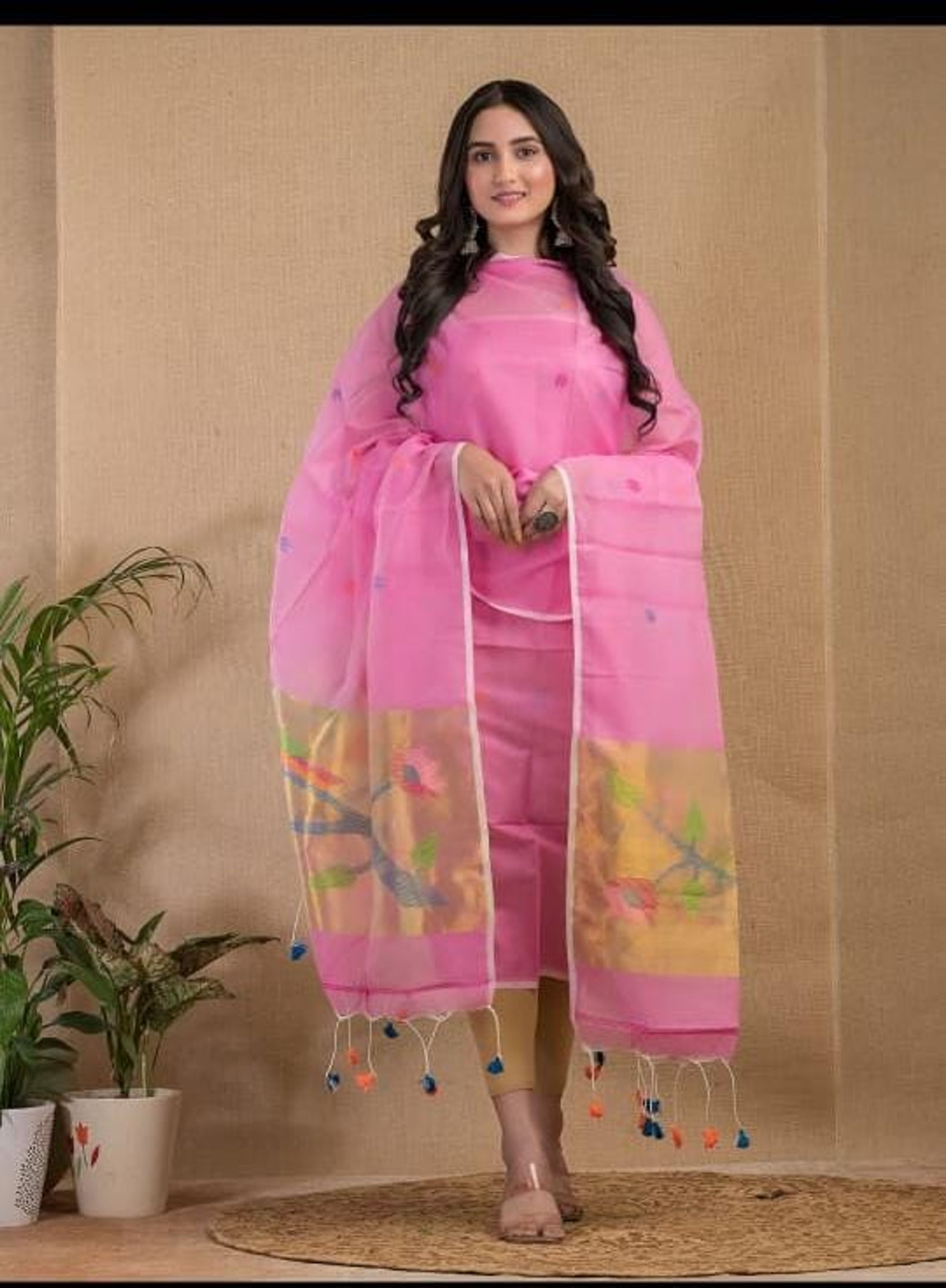 Muslin Paithani Suit Piece – Purple with Golden Pallu, Multi Color — image 2