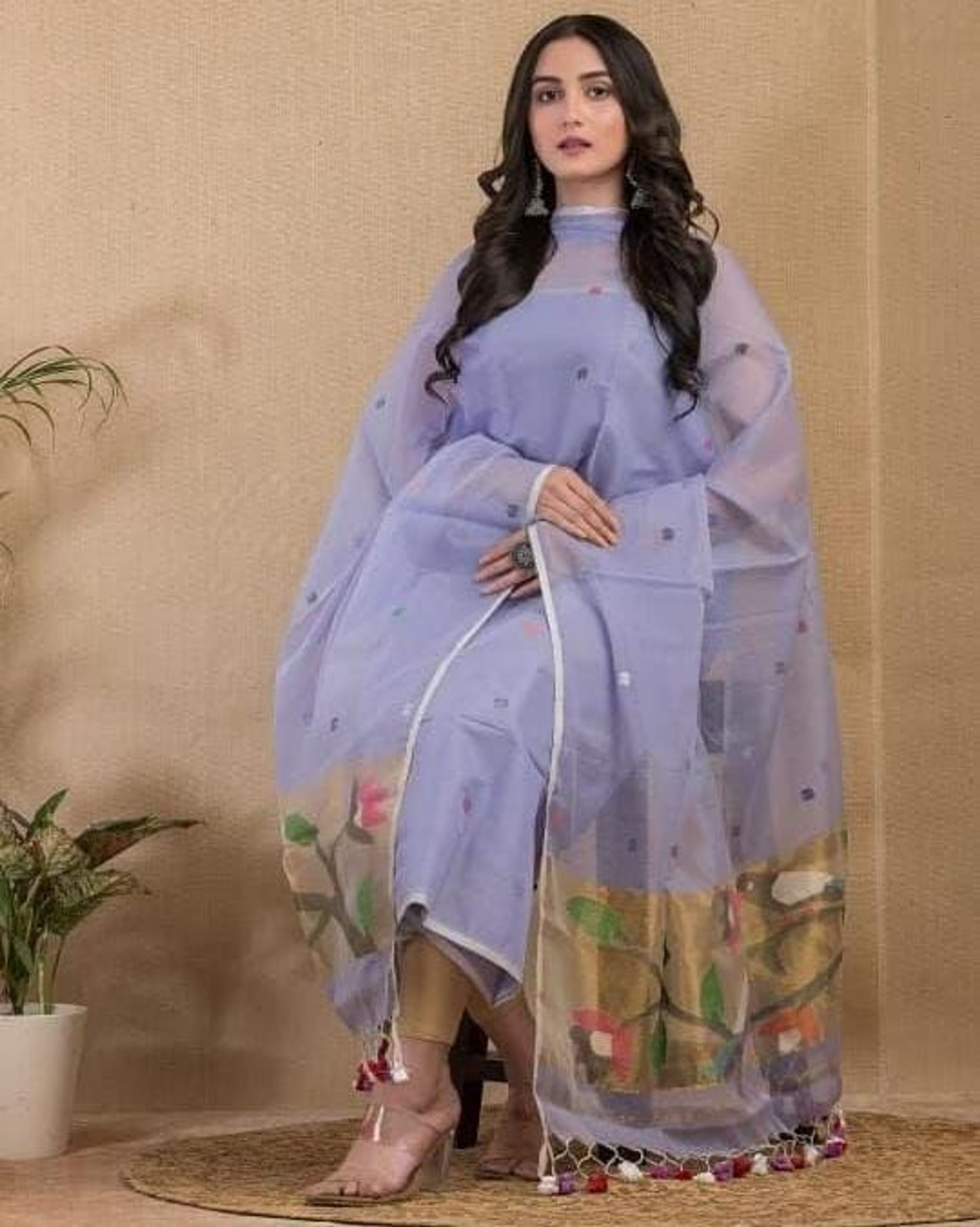 Muslin Paithani Suit Piece – Purple with Golden Pallu, Multi Color — image 13