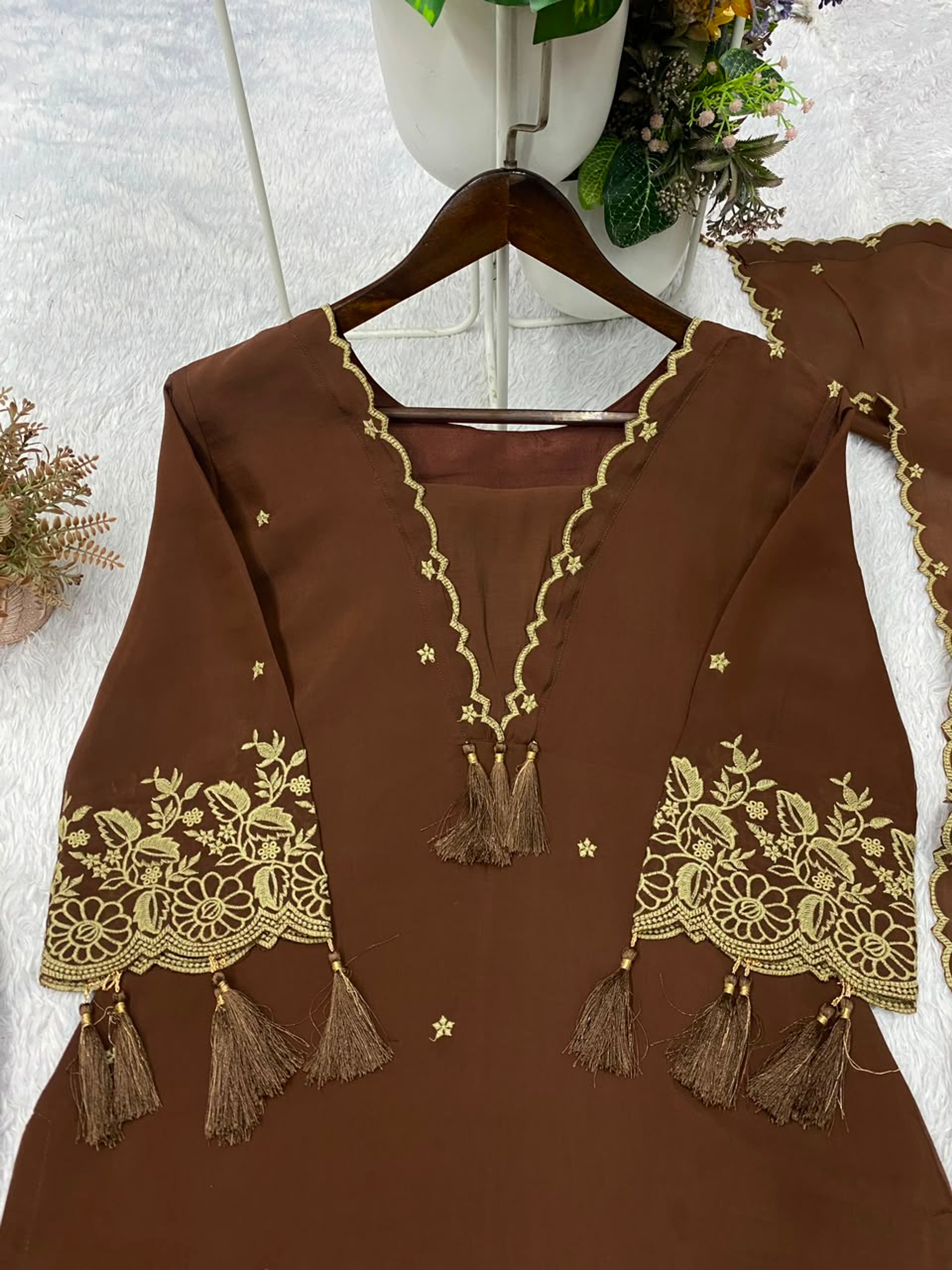 Brown Embroidered Rayon Top Palazzo Set with Dupatta – Designer Wear — image 5