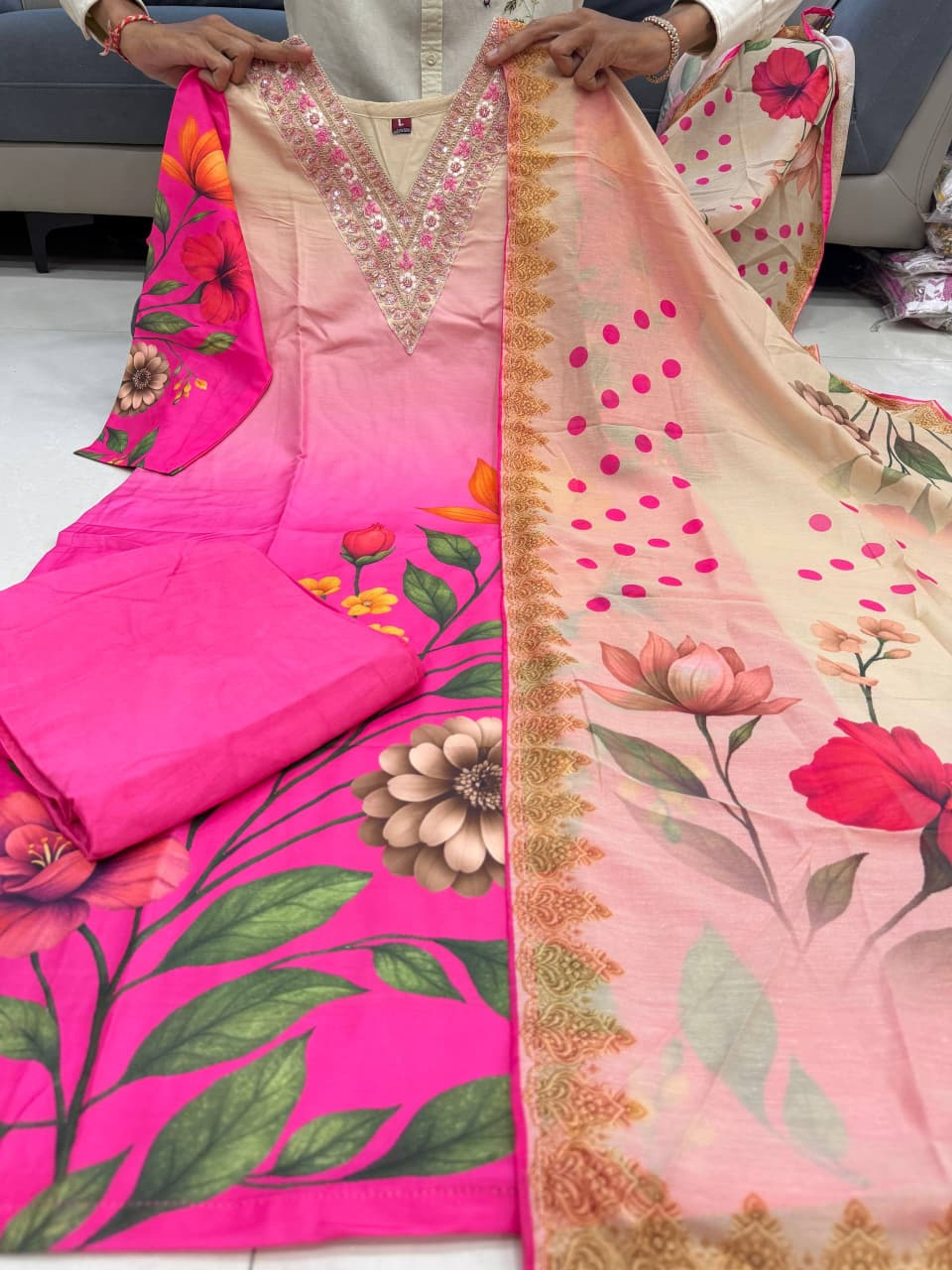Soft Silk Kurti Pant Dupatta Set with Heavy Neck Hand Work – Pink Ombre — image 3