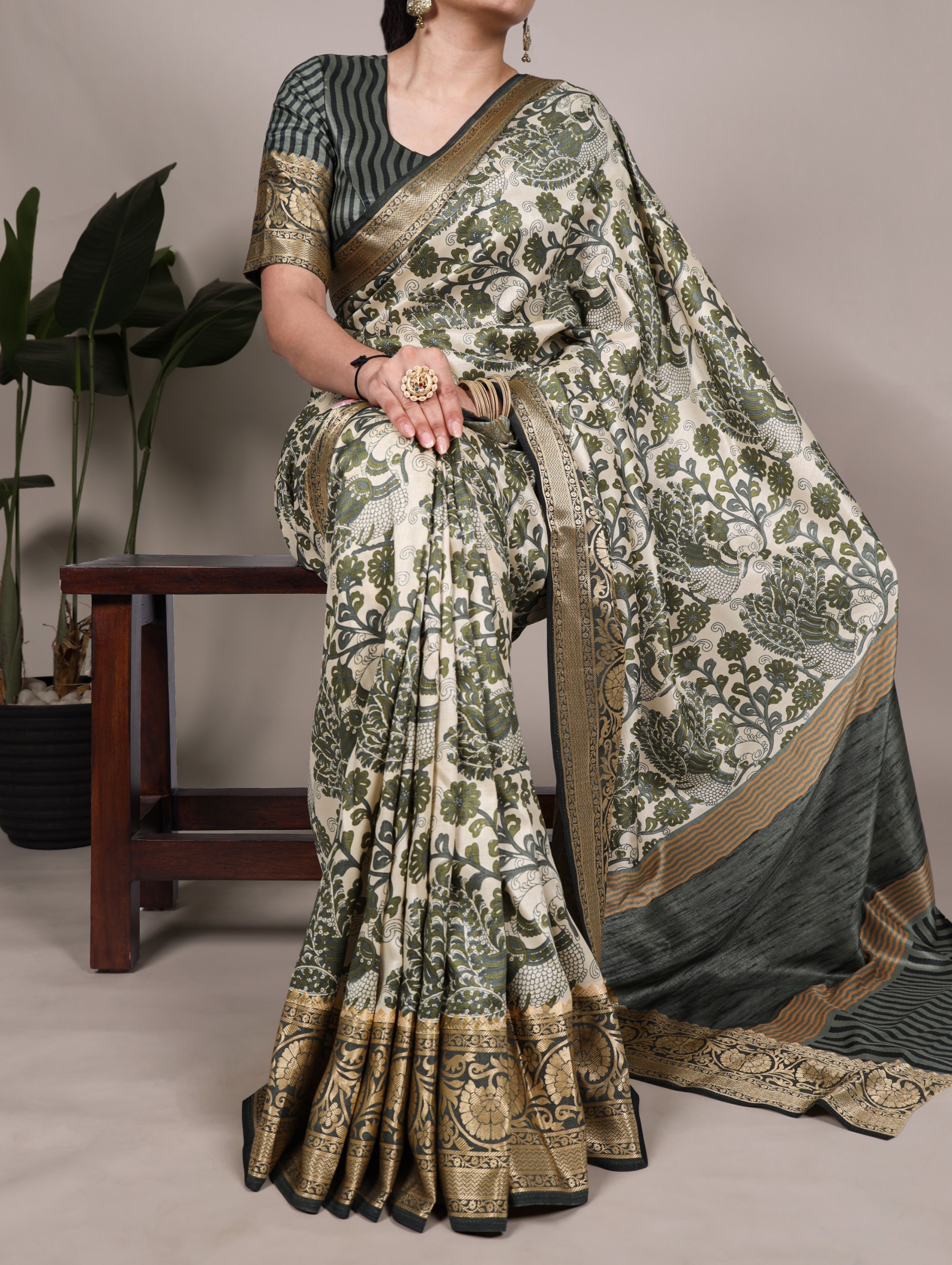 Ivory Tasar Silk Saree with Floral Bird Print & Viscose Border | With Blouse Piece