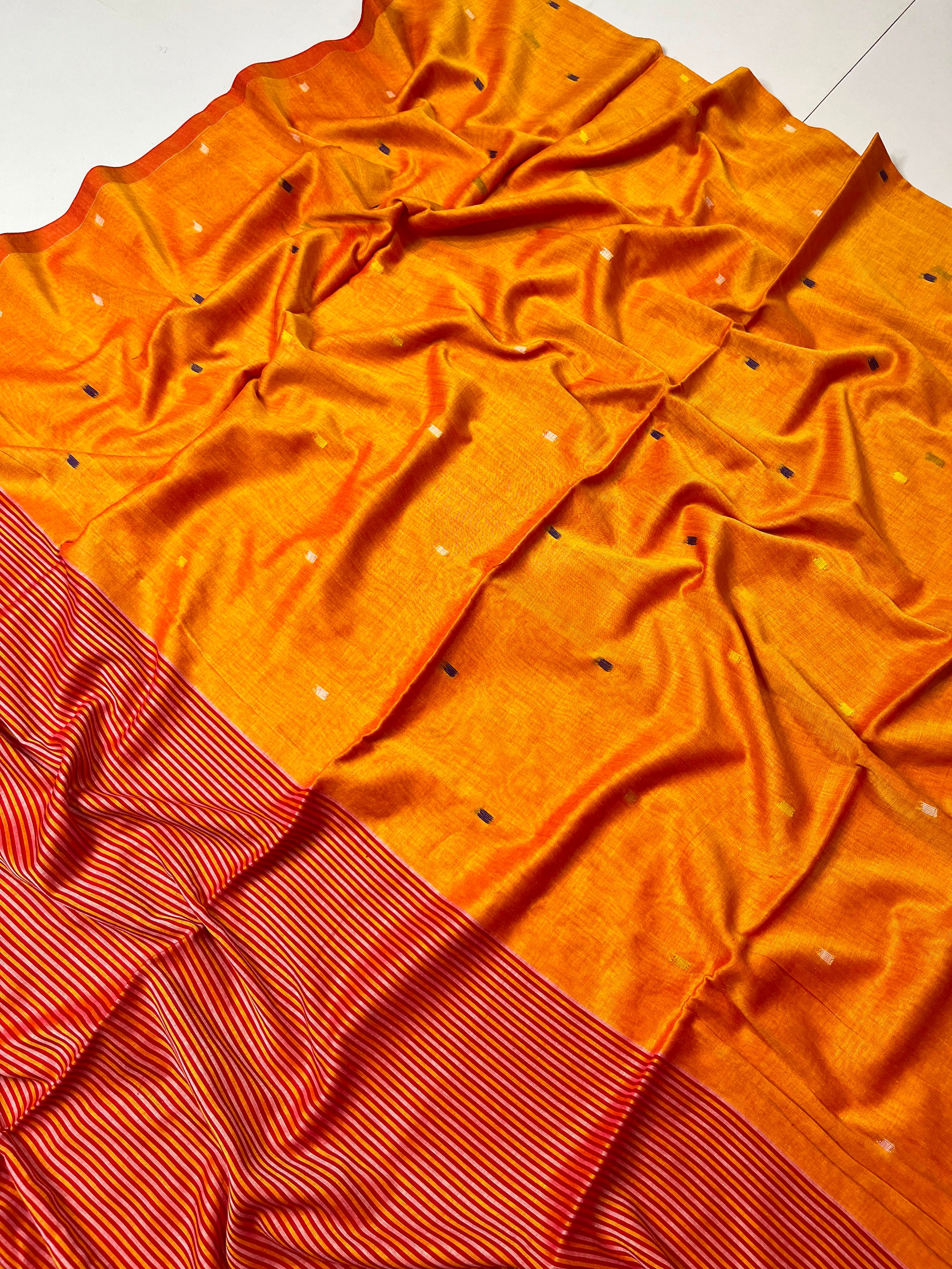 Bright Red Cotton Jamdani Saree with Multicolor Booti & Striped Border | With Blouse — image 15