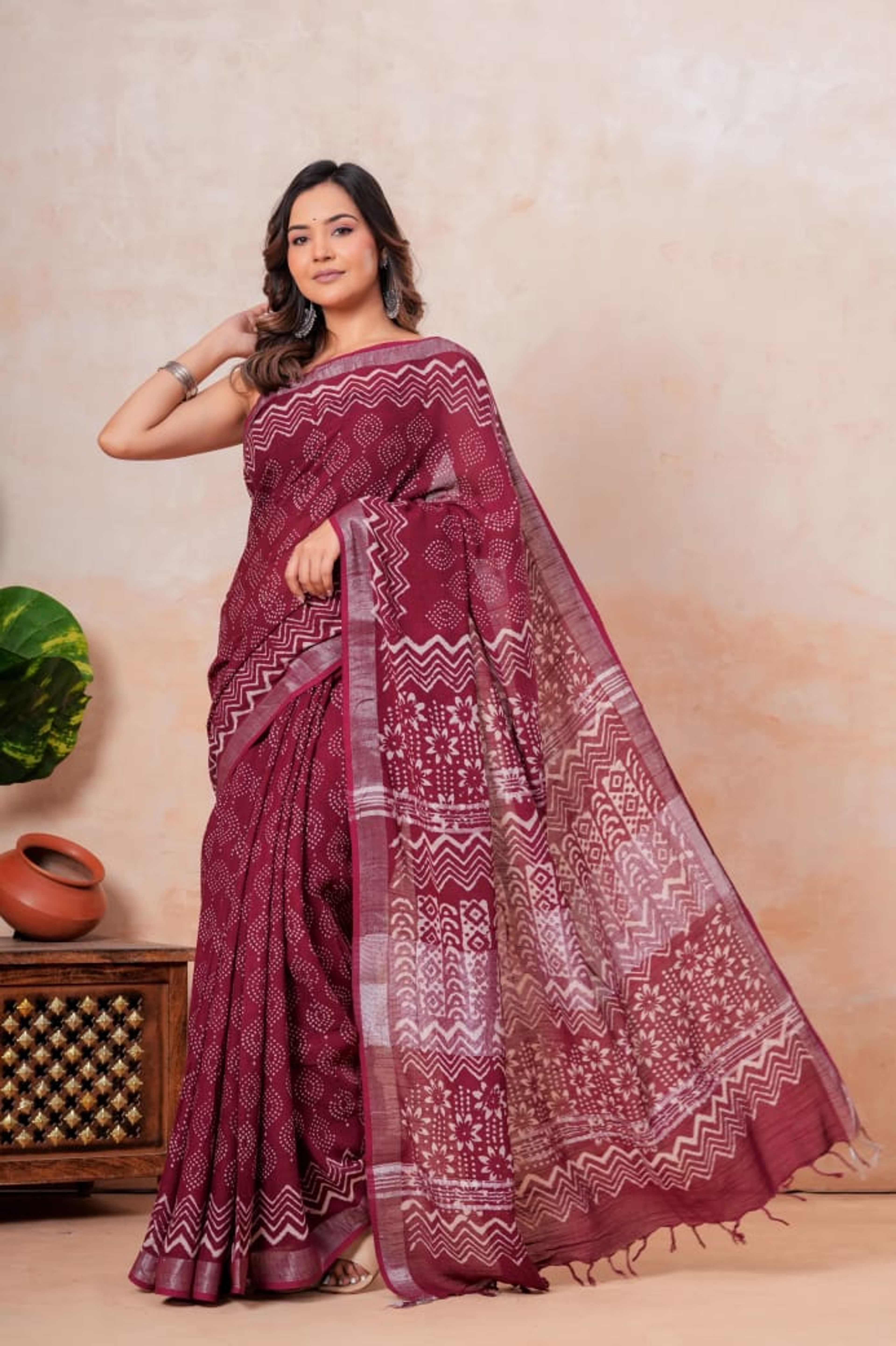 Maroon Linen Cotton Slub Saree with Dabu Print