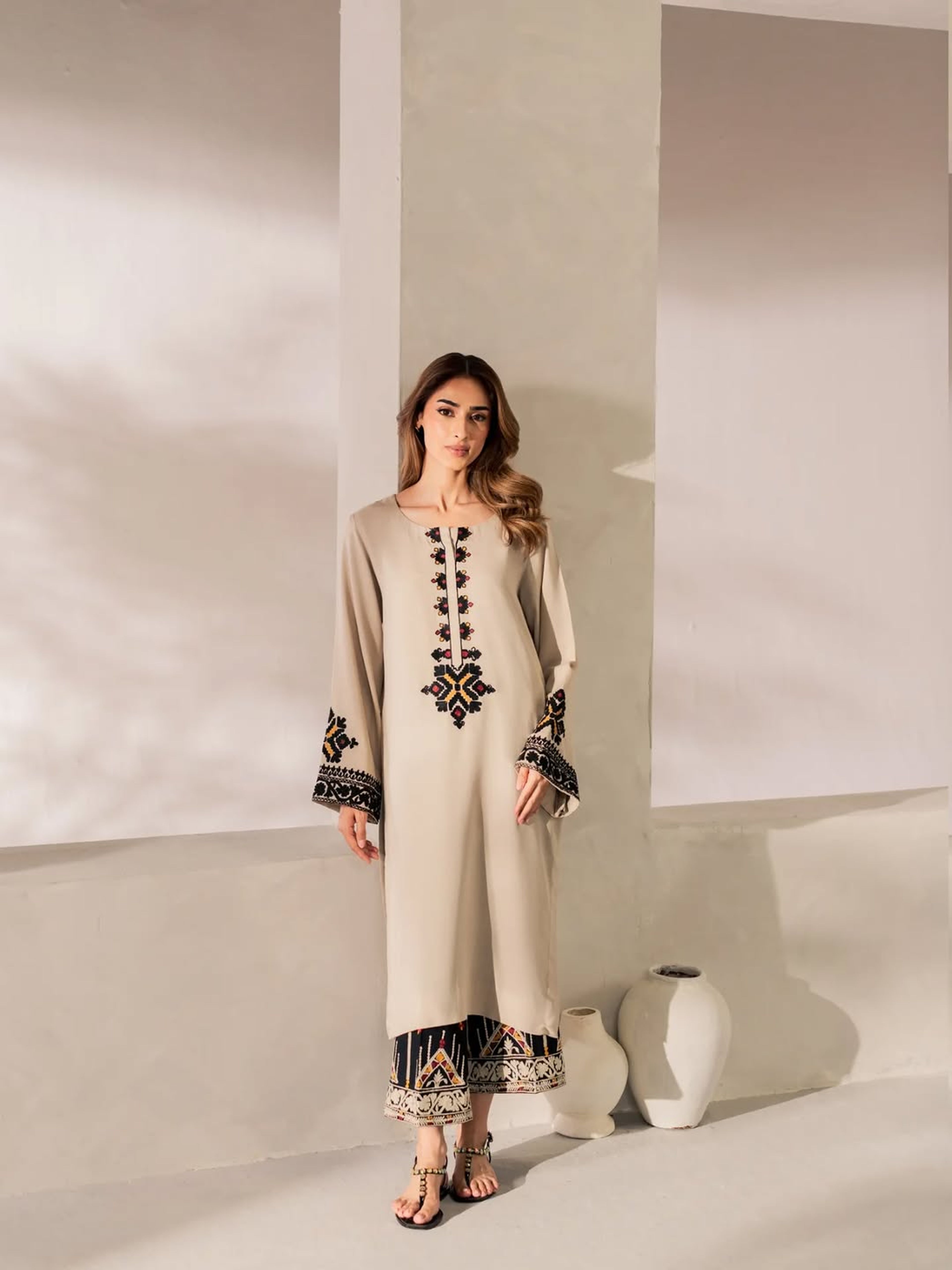 Beige Cotton 3-Piece Embroidered Coord Set — image 5