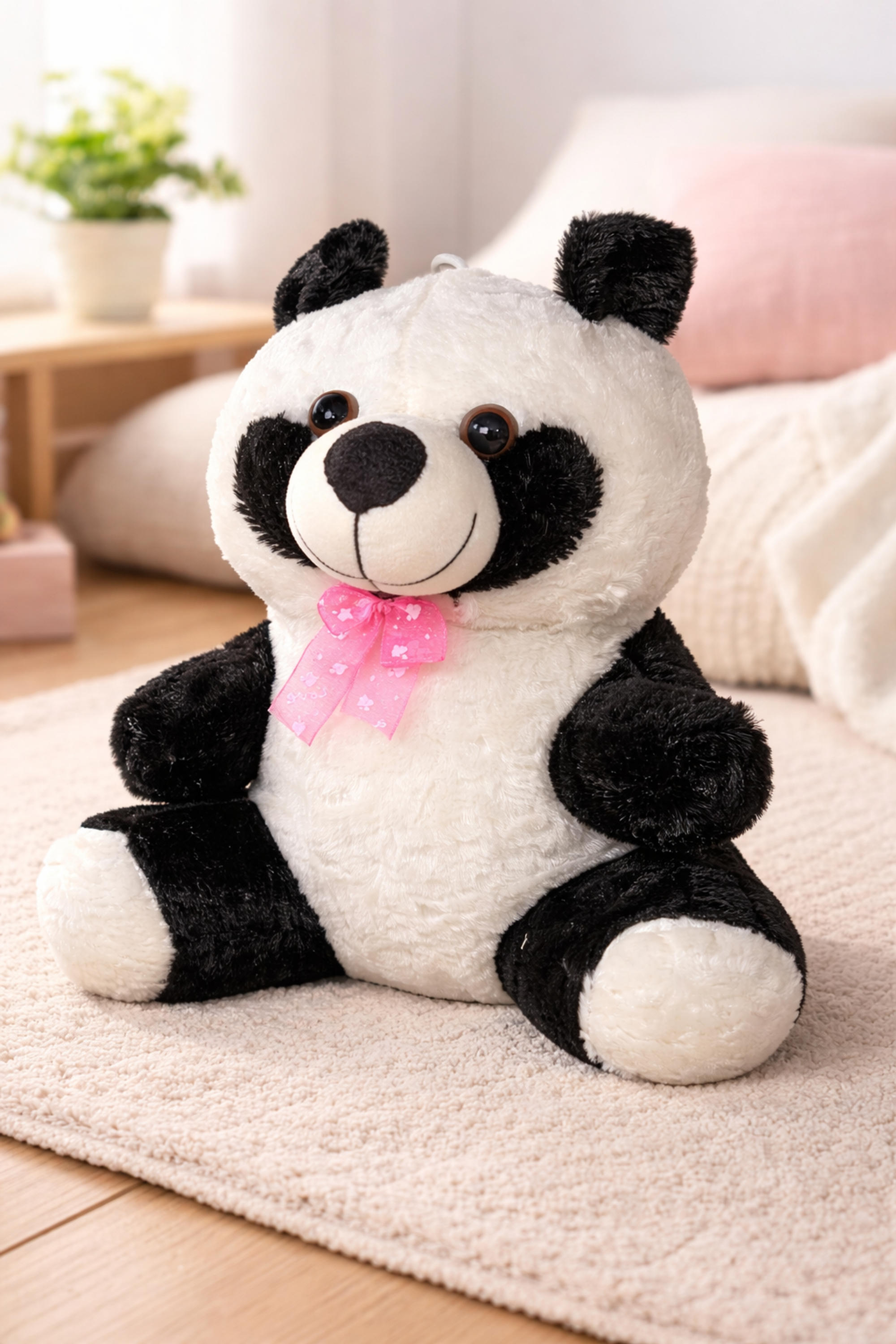 Cuddly Black & White Panda Teddy Bear with Pink Bow thumbnail 2