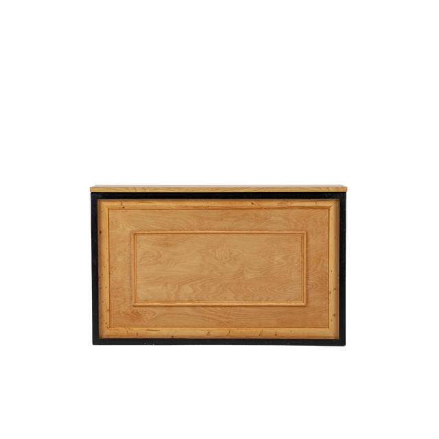 black shadowbox bar with wood box trim insert and light wood top