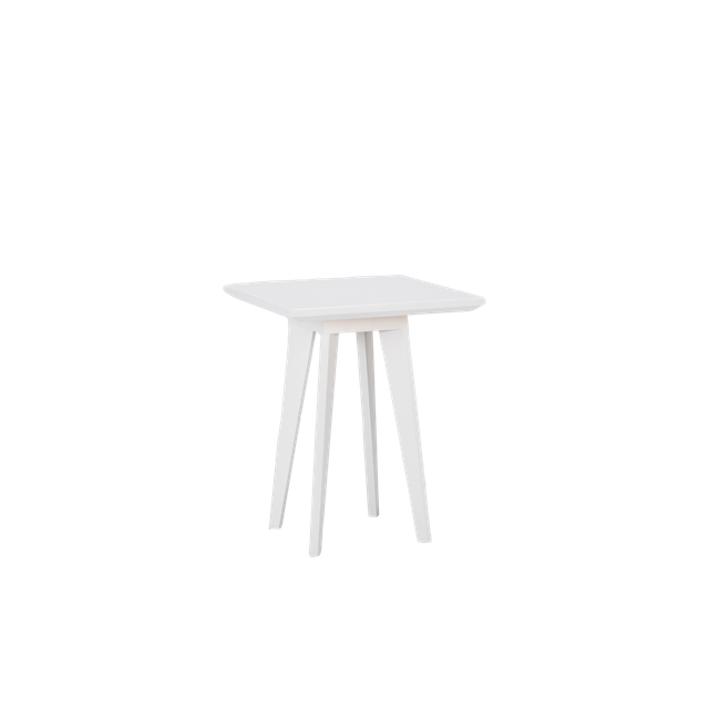 white cocktail table with 4 legs and a square tabletop 