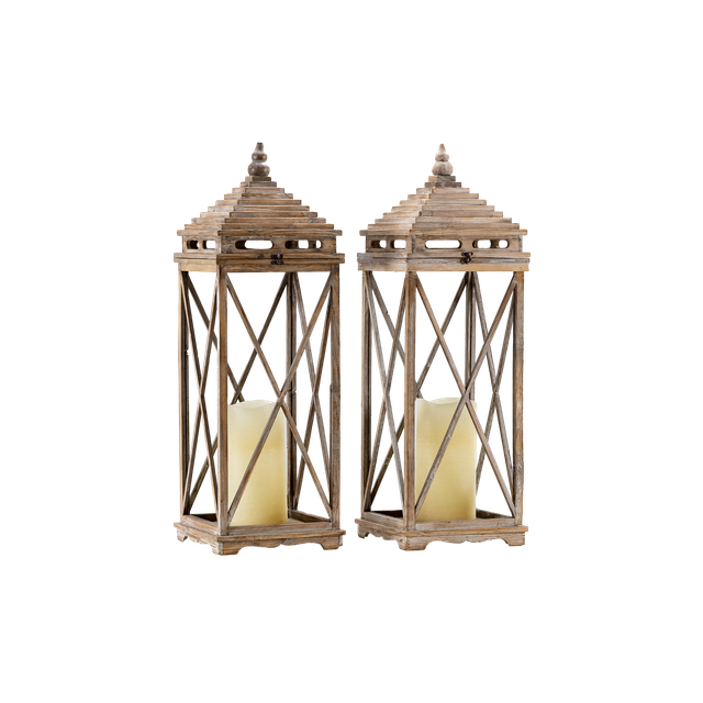pair of large wooden lanterns with LED candles inside